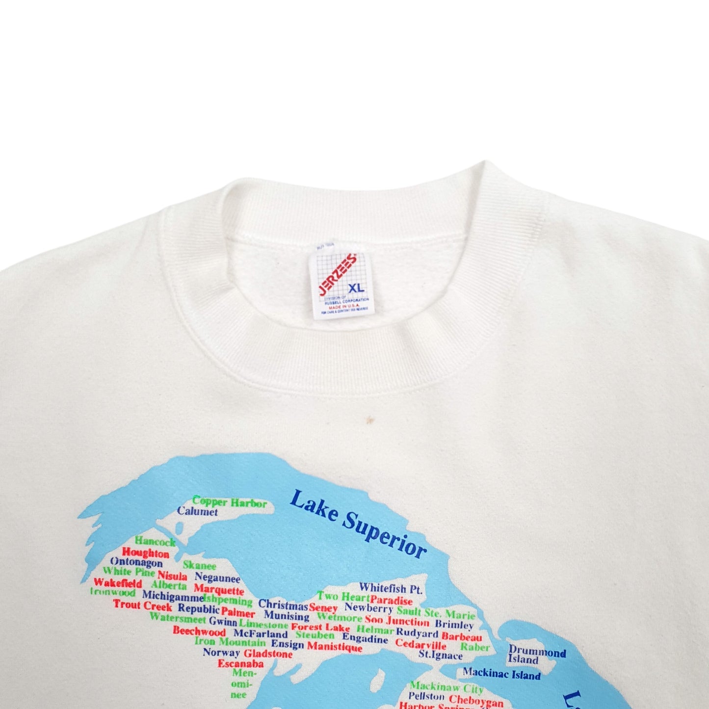 Mens White Jerzees Michigan Lakes Spellout Vintage 1990s Made in USA Crewneck Jumper