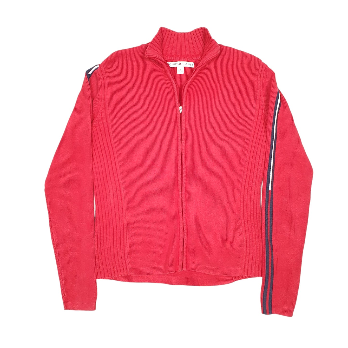 Womens Red Tommy Hilfiger Knit Ribbed Cardigan Top Full Zip Jumper