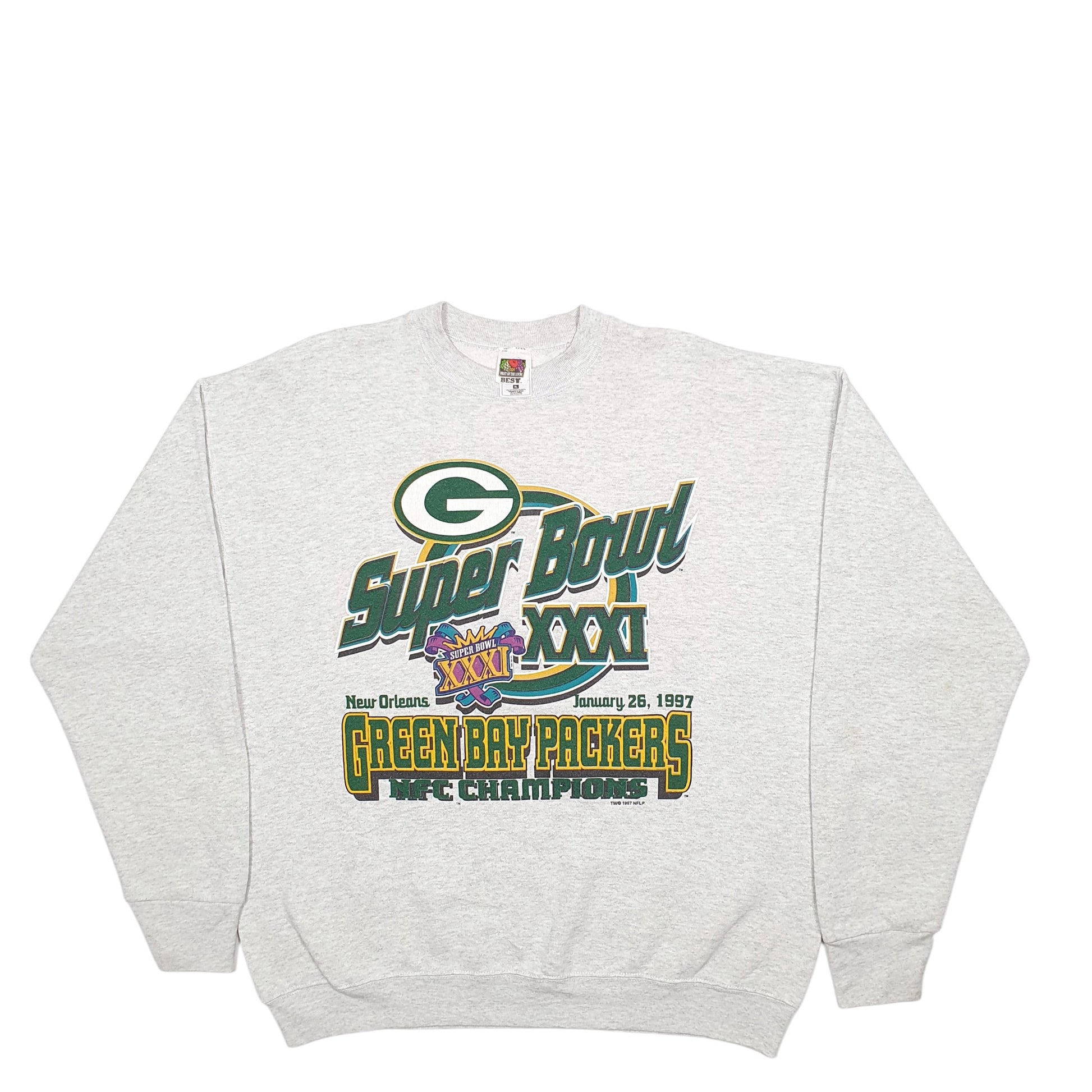 Mens Grey Fruit Of The Loom Super Bowl Green Bay Packers NFL Champions Vintage 90's Crewneck Jumper