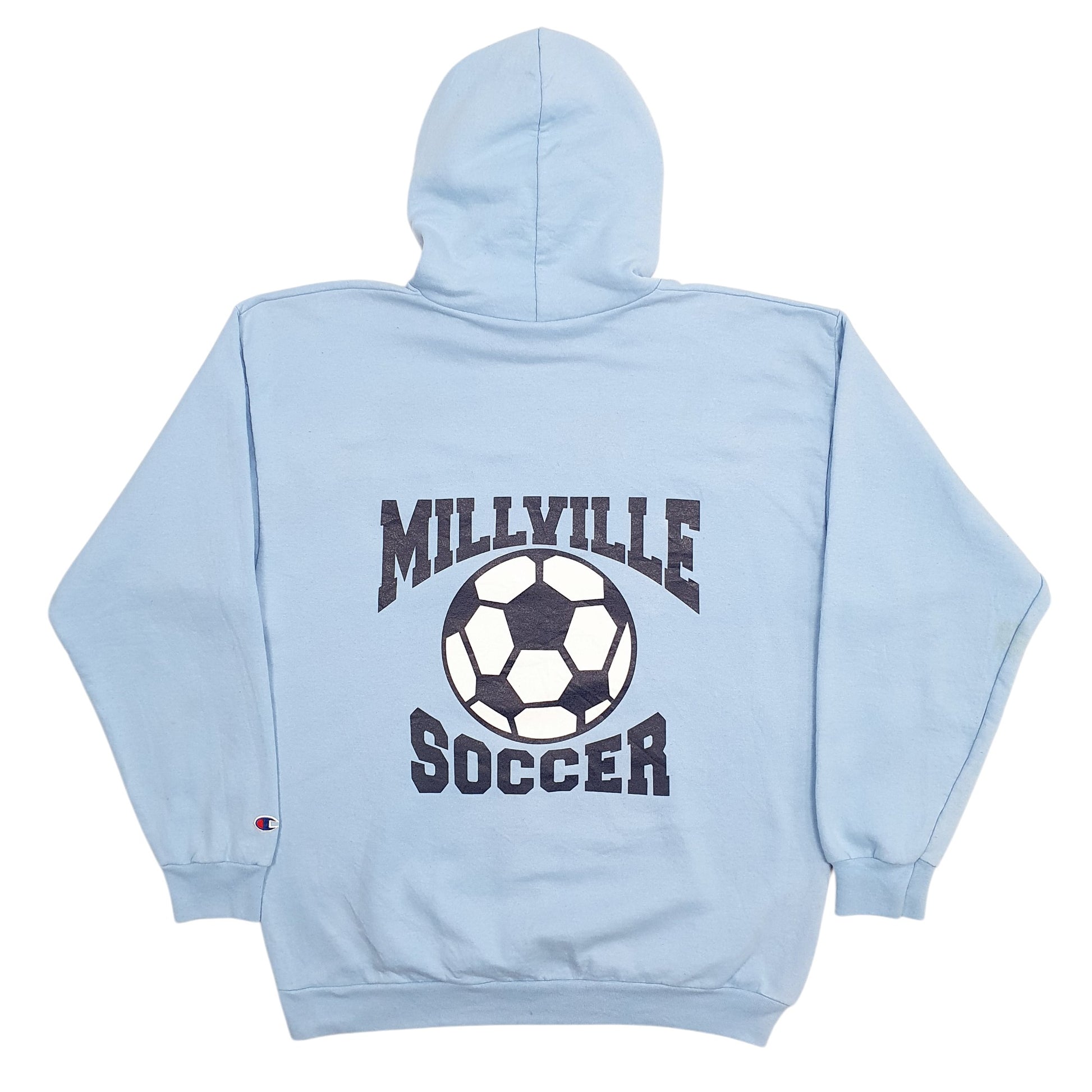 Mens Blue Champion Millville Soccer Spellout Hoodie Jumper