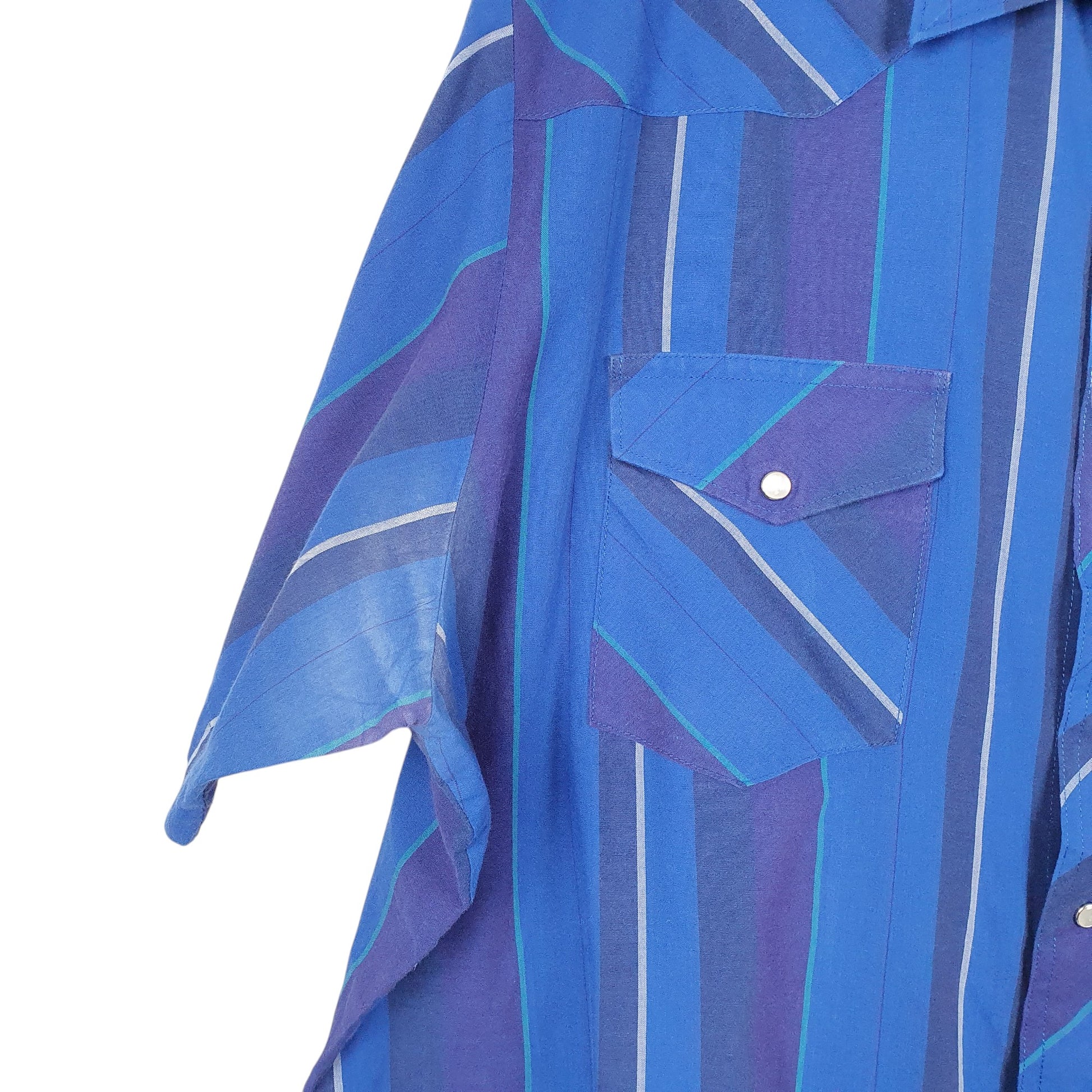 Mens Blue Wrangler Vintage Western Pearl Snap Cowboy Short Sleeve Shirt