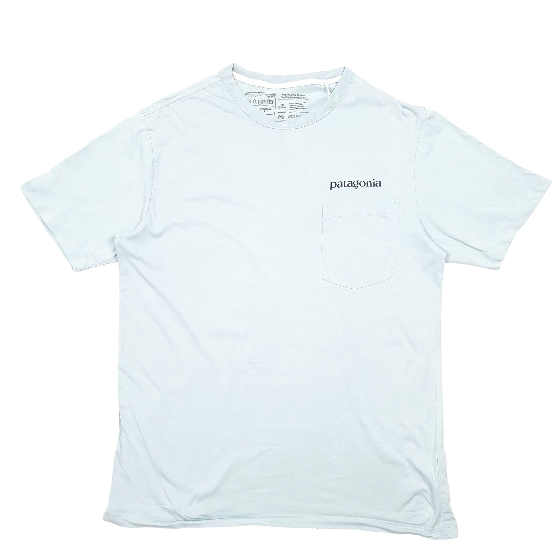 Mens Blue Patagonia Pocket Regenerative Agriculture Spellout Short Sleeve T Shirt