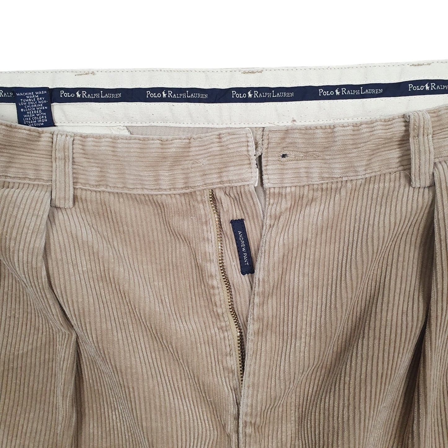 Mens Beige Polo Ralph Lauren Andrew Double Pleated Vintage 1990s Corduroy Trousers