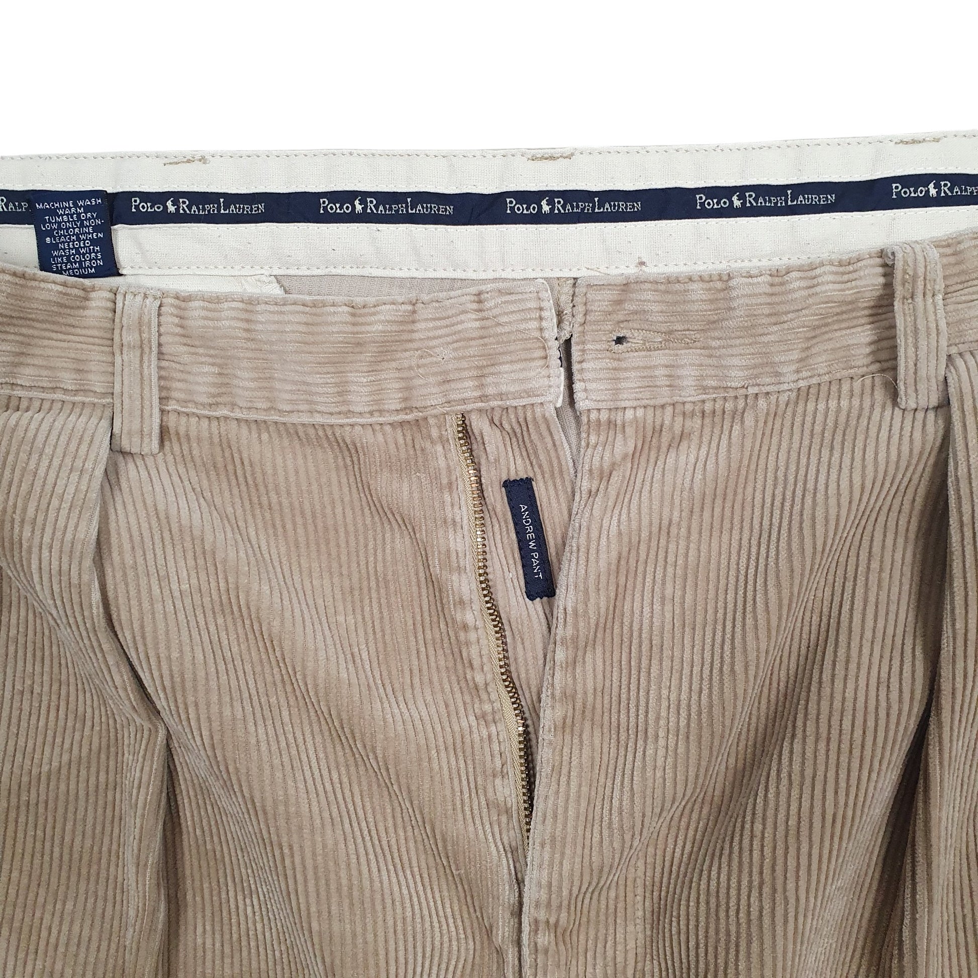 Mens Beige Polo Ralph Lauren Andrew Double Pleated Vintage 1990s Corduroy Trousers