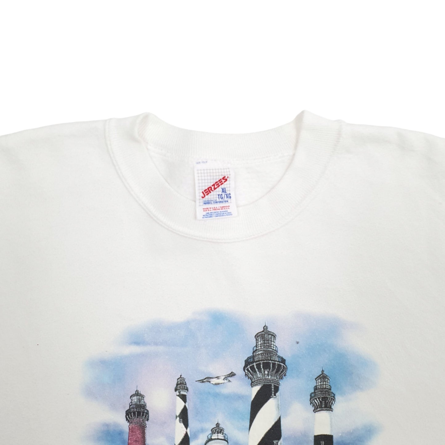 Mens White Jerzees Lighthouse Outer Banks NC Spellout Vintage 1990s Made in USA Crewneck Jumper