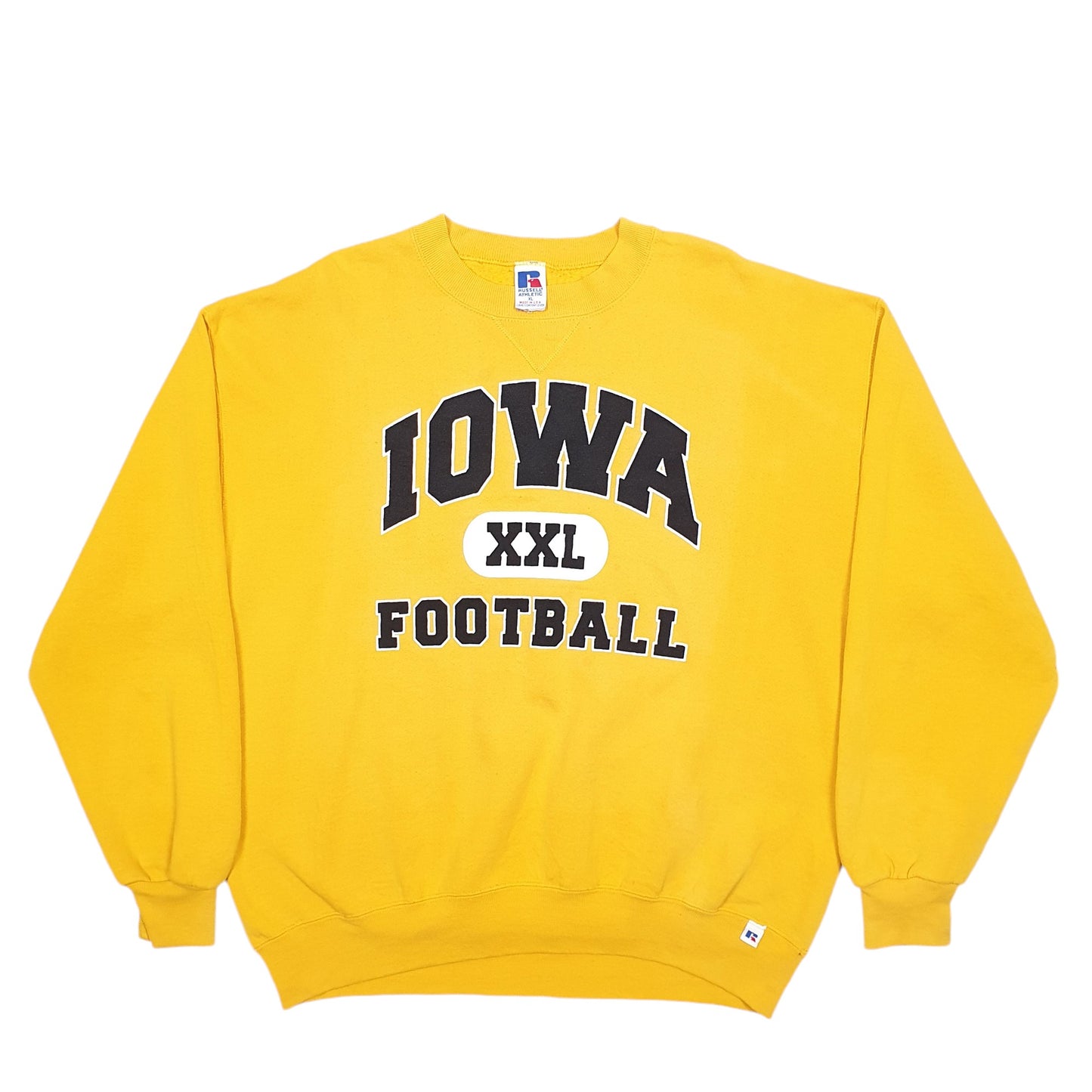 Mens Yellow Russell Athletic IOWA Football Spellout Vintage Crewneck Jumper