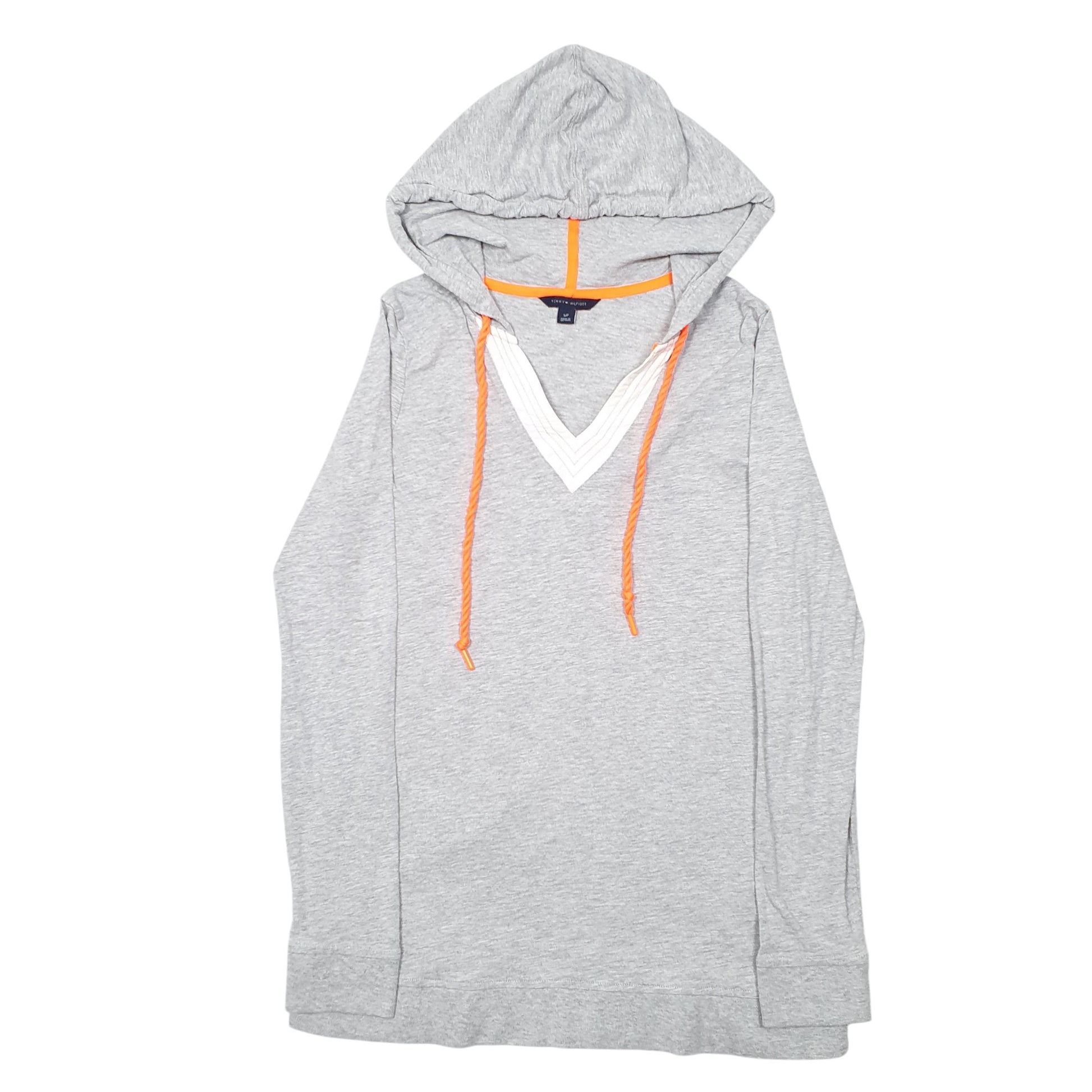 Womens Grey Tommy Hilfiger Hooded V Neck Long Sleeve T Shirt