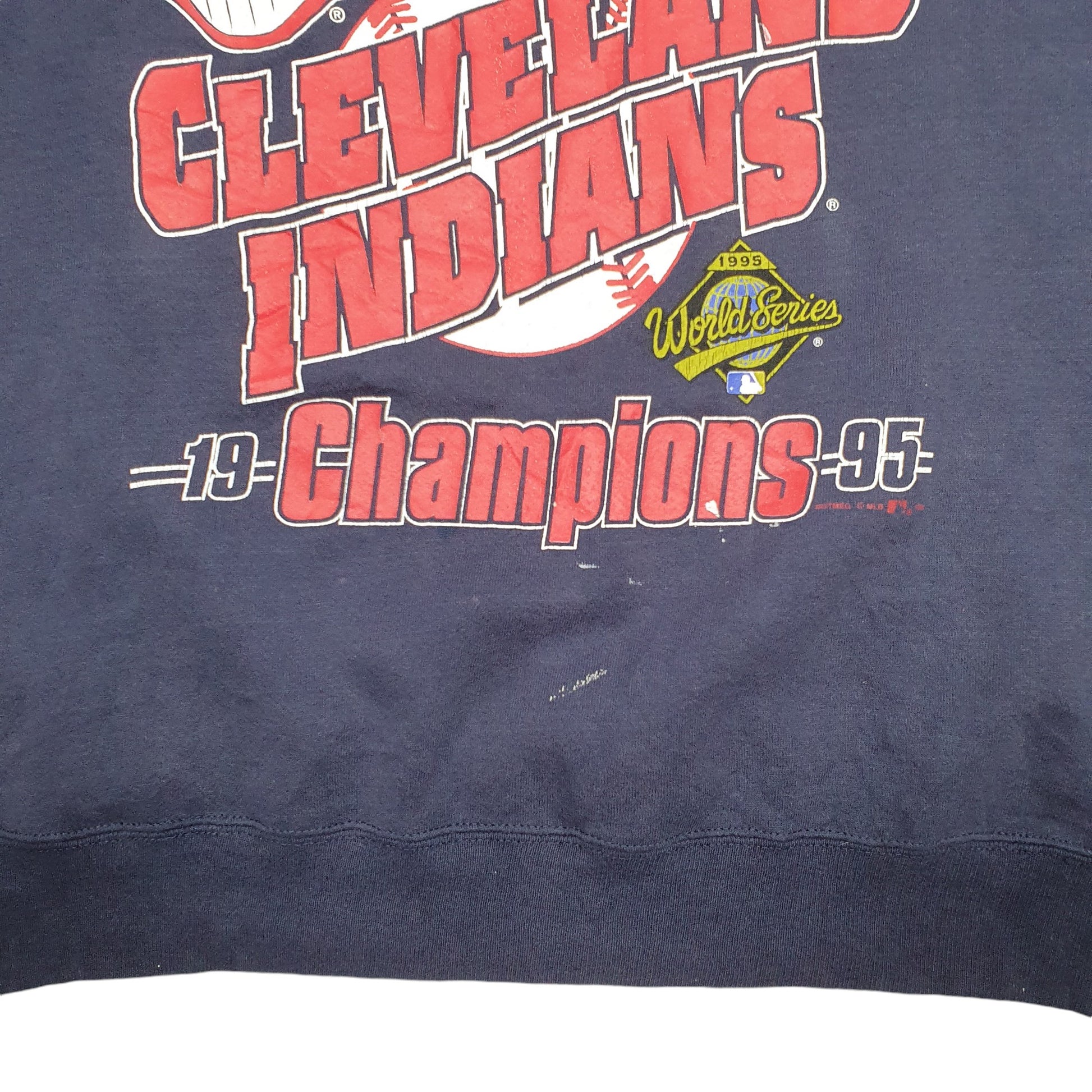 Mens Navy Lee Made In USA Indians 1995 Champions Baseball Vintage 1990s Crewneck Jumper