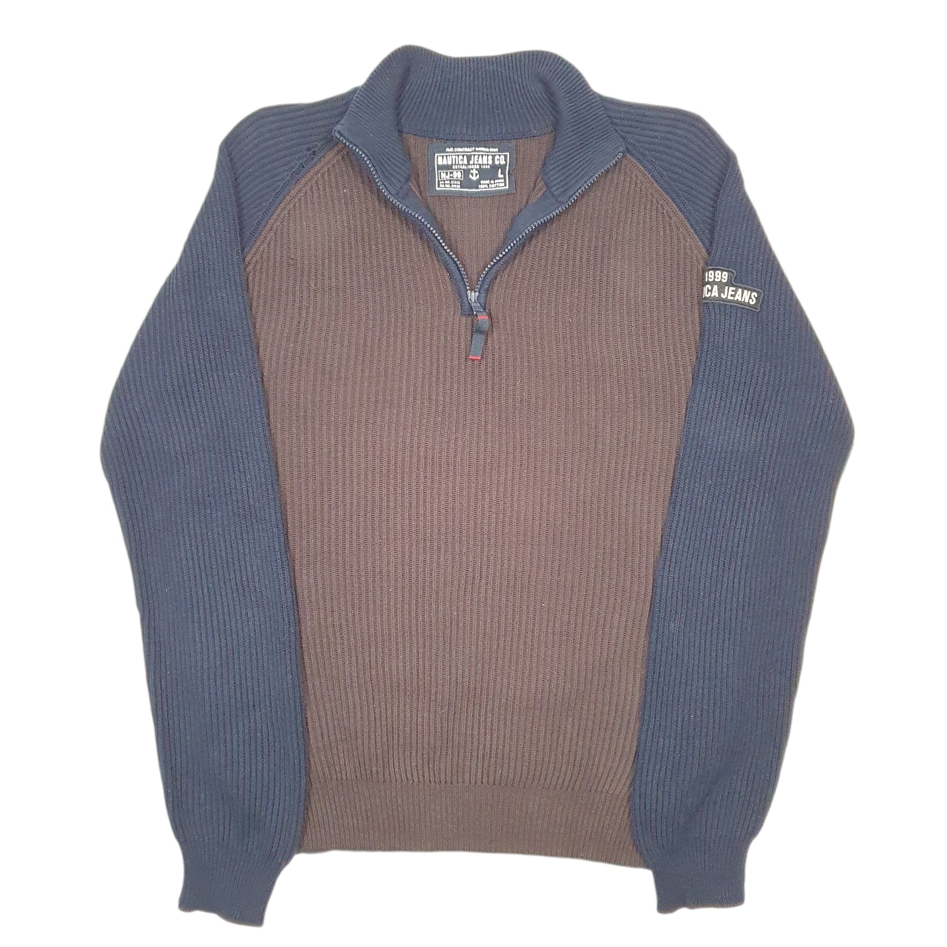 Mens Brown Nautica Knit Ribbed Jeans Quarter Zip Jumper