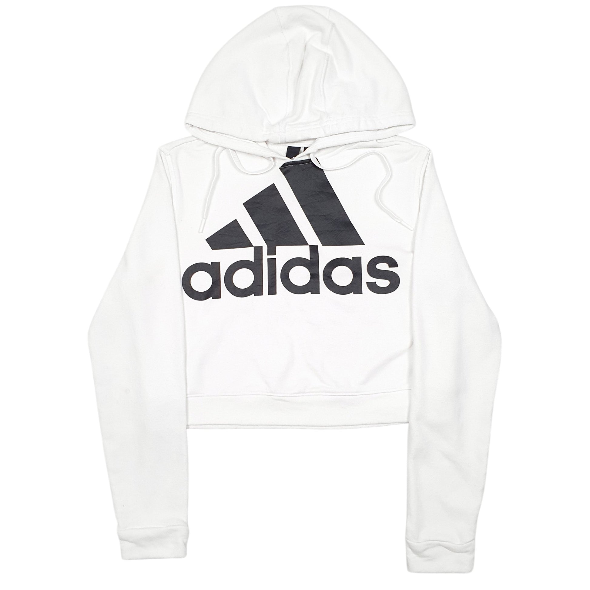 Womens White Adidas Cropped Short Spellout Gym Workout Hoodie Jumper