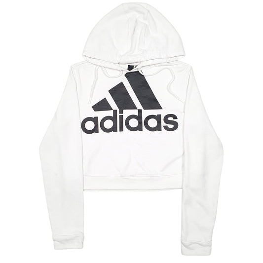 Womens White Adidas Cropped Short Spellout Gym Workout Hoodie Jumper