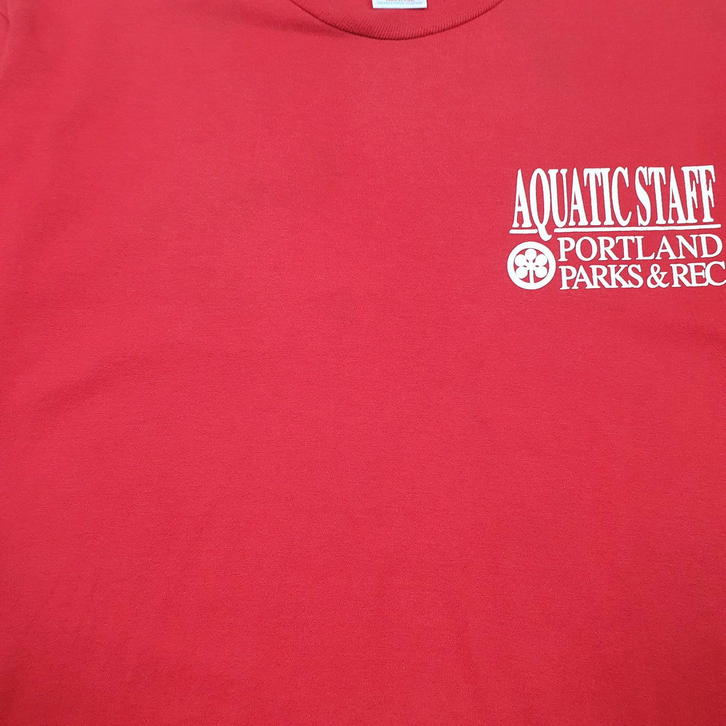 Mens Red Jerzees Single Stitch Vintage 90s Made In USA Portland Parks Rec Lifeguard Short Sleeve T Shirt