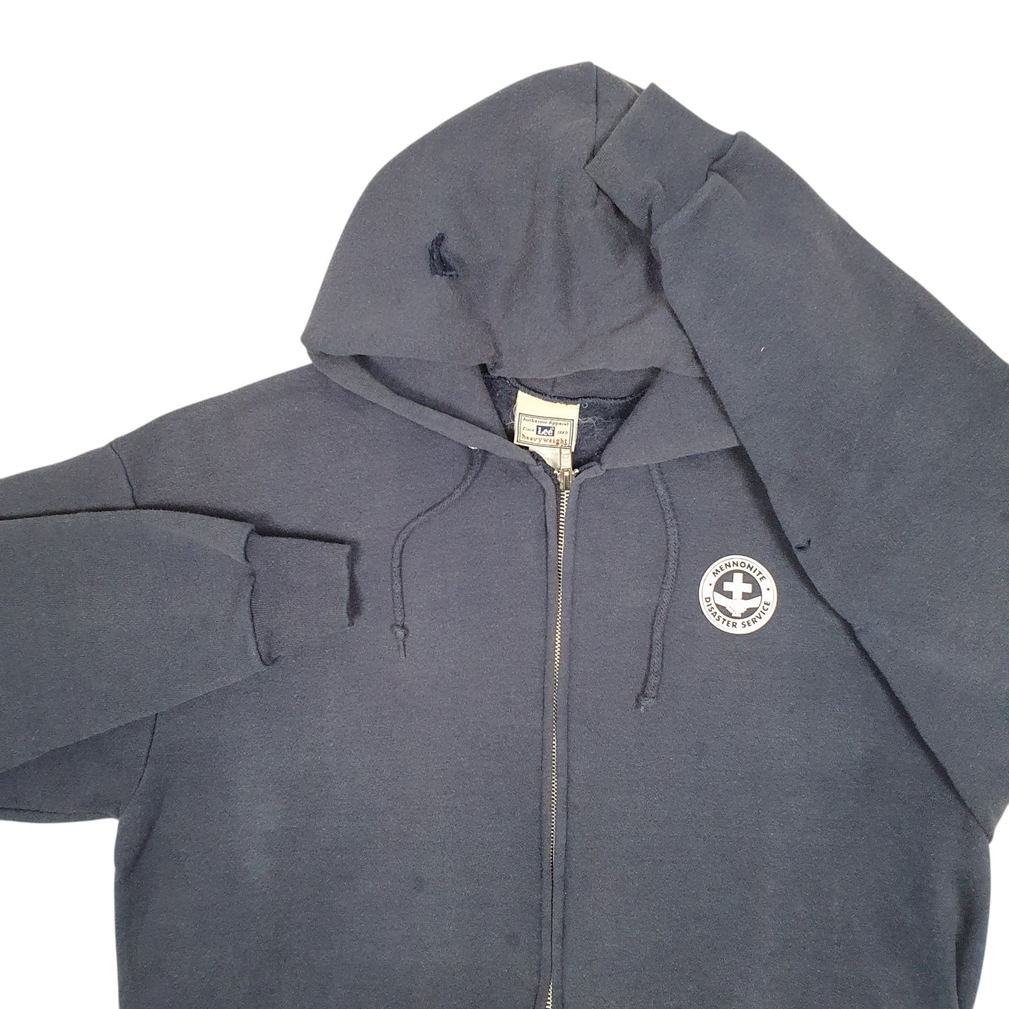 Mens Navy Lee Hoodie Vintage Heavyweight Mennonite Disaster Service Full Zip Jumper