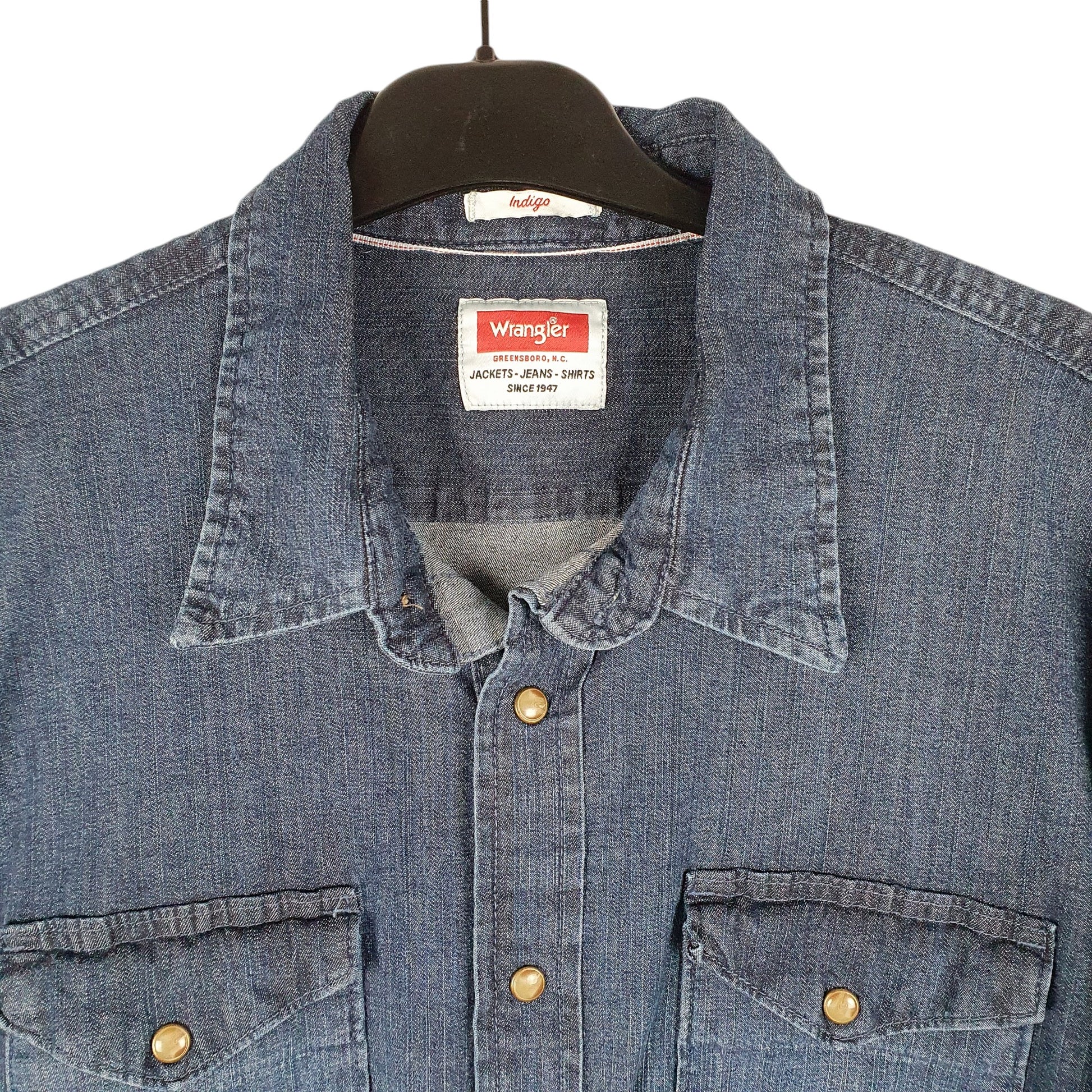 Mens Blue Wrangler Denim Jeans Western Pearl Snap Cowboy Long Sleeve Shirt