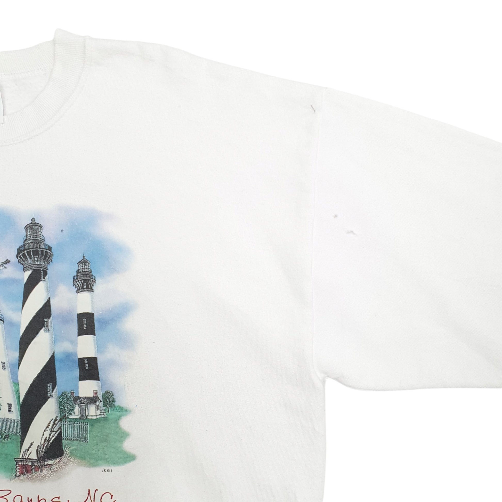 Mens White Jerzees Lighthouse Outer Banks NC Spellout Vintage 1990s Made in USA Crewneck Jumper