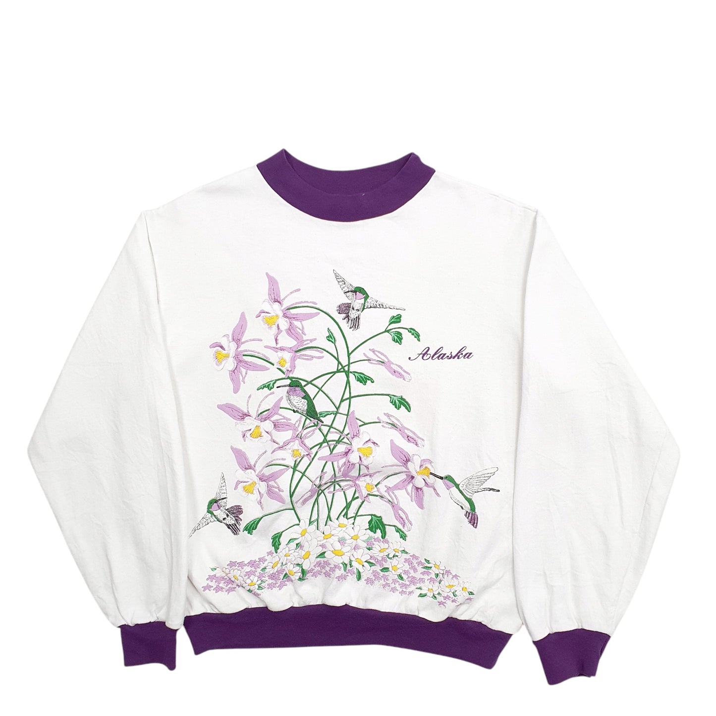 Womens White Western Shirt Line Alaska Made In USA Vintage 90's Birds Floral Crewneck Jumper