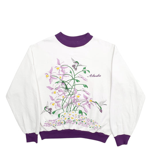 Womens White Western Shirt Line Alaska Made In USA Vintage 90's Birds Floral Crewneck Jumper