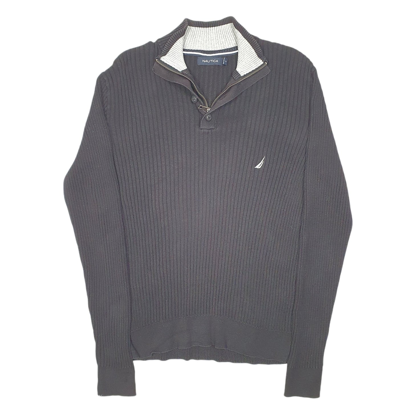 Mens Black Nautica Knit Ribbed Button Quarter Zip Jumper