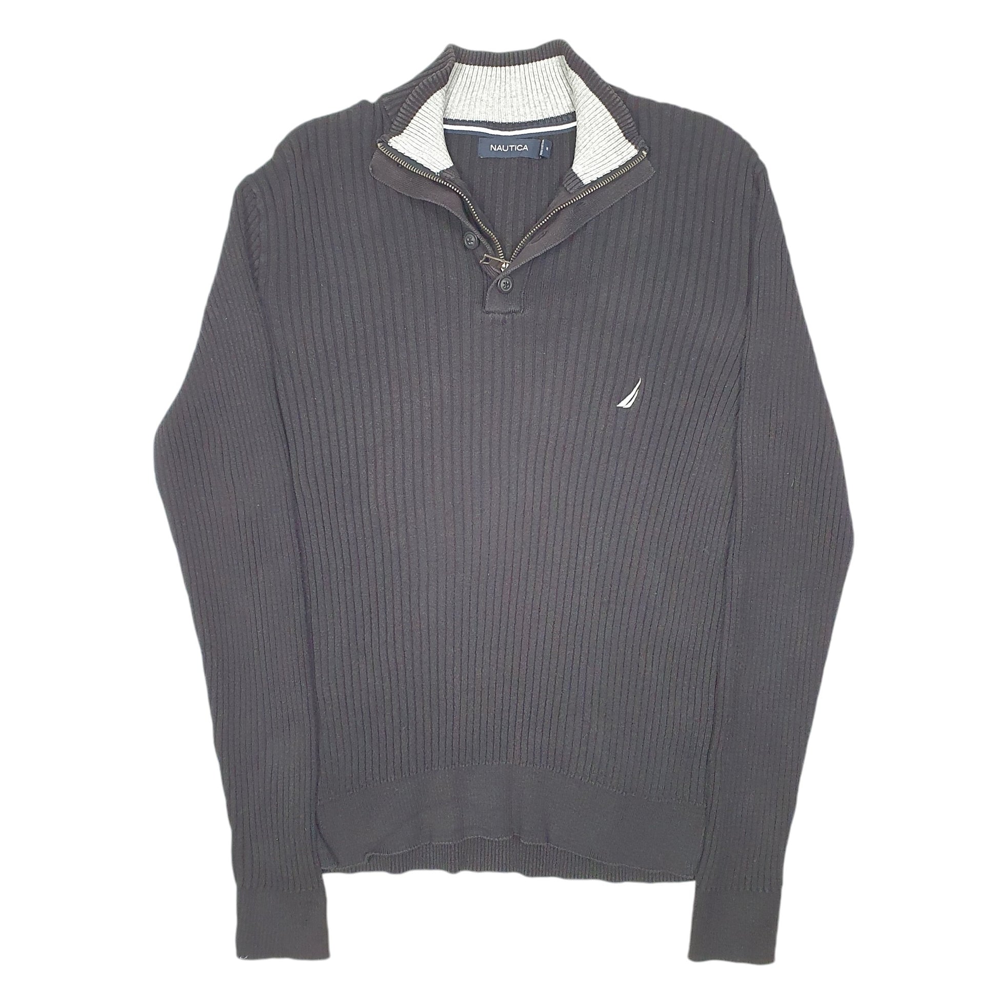 Mens Black Nautica Knit Ribbed Button Quarter Zip Jumper