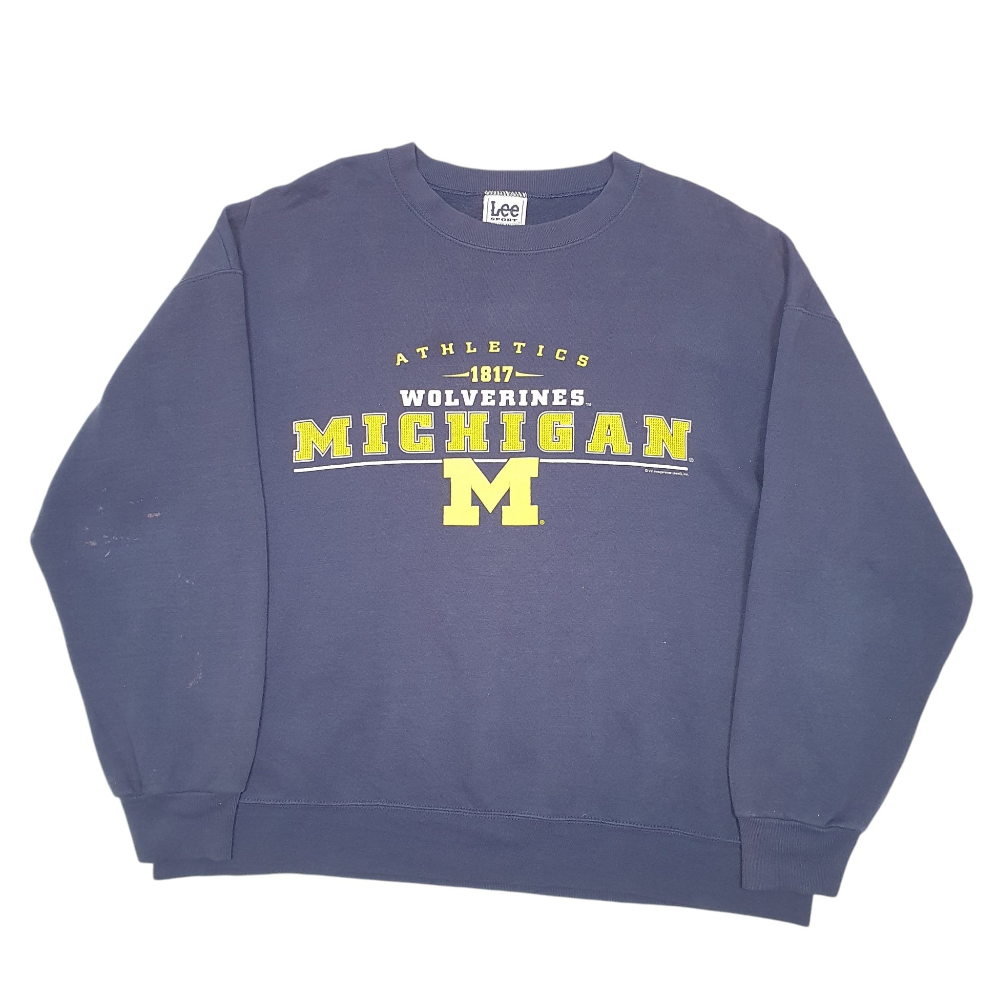 Mens Navy Lee Vintage Sport Michigan Wolverines Football USA Spellout 90s Crewneck Jumper