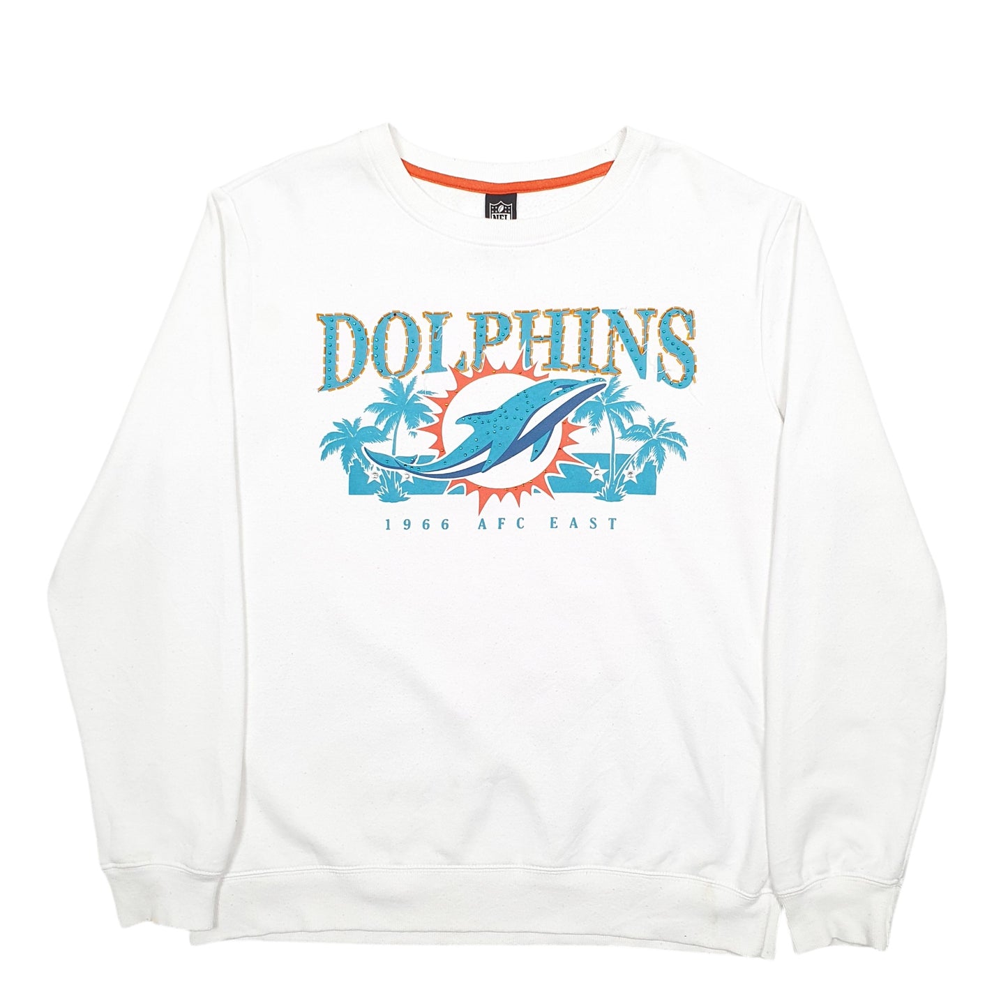 Womens White NFL Miami Dolphins Football Spellout Crewneck Jumper