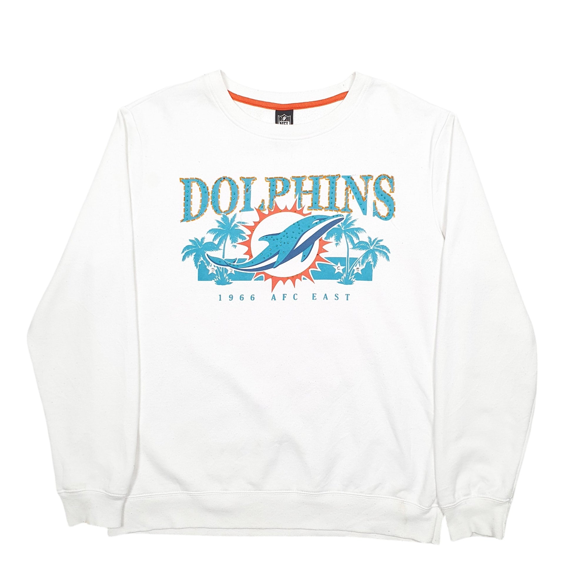 Womens White NFL Miami Dolphins Football Spellout Crewneck Jumper