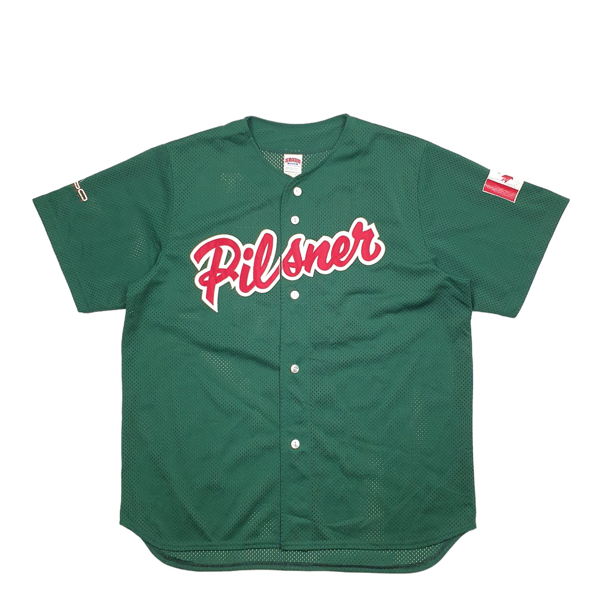 Mens Green Saxon Baseball Jersey Pilsner Spellout Short Sleeve T Shirt