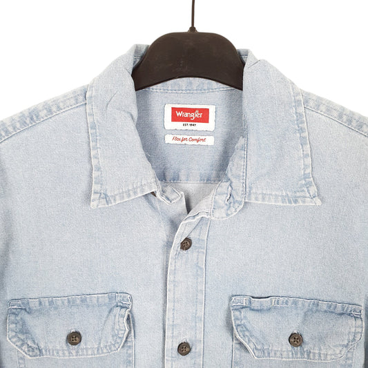 Mens Blue Wrangler Chambray Flex Comfort Work Long Sleeve Shirt
