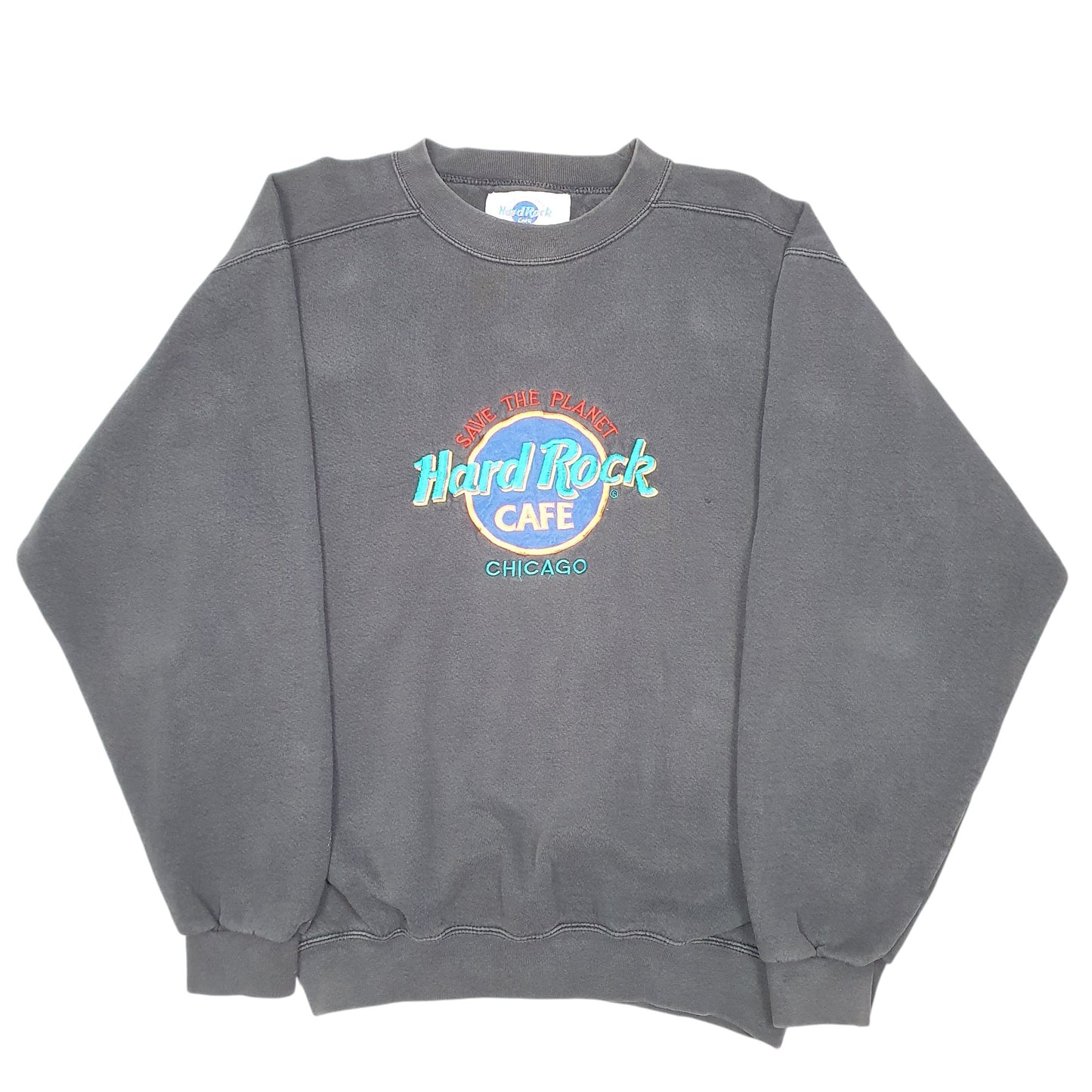 Mens Black Hard Rock Cafe Vintage Chicago Made In USA Save The Planet Crewneck Jumper
