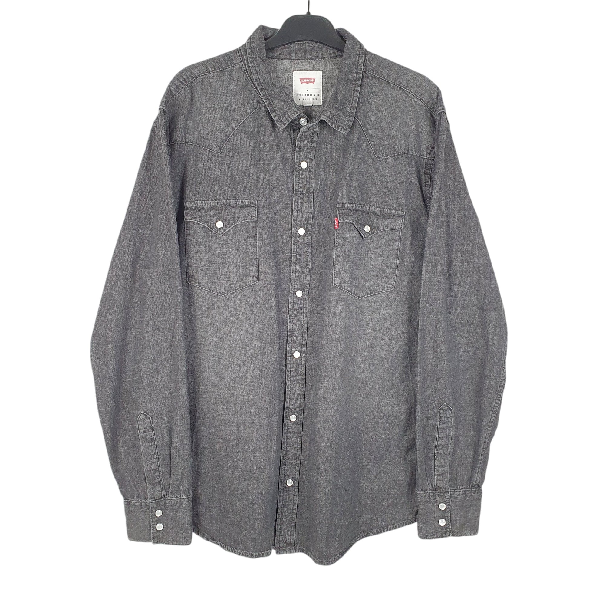 Mens Grey Levis Denim Jeans Western Pearl Snap Cowboy Long Sleeve Shirt