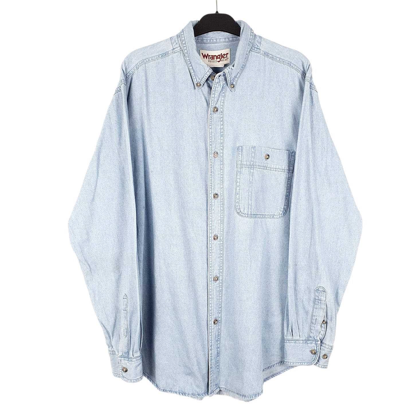 Mens Blue Wrangler Denim Jeans Vintage Rugged Wear Long Sleeve Shirt