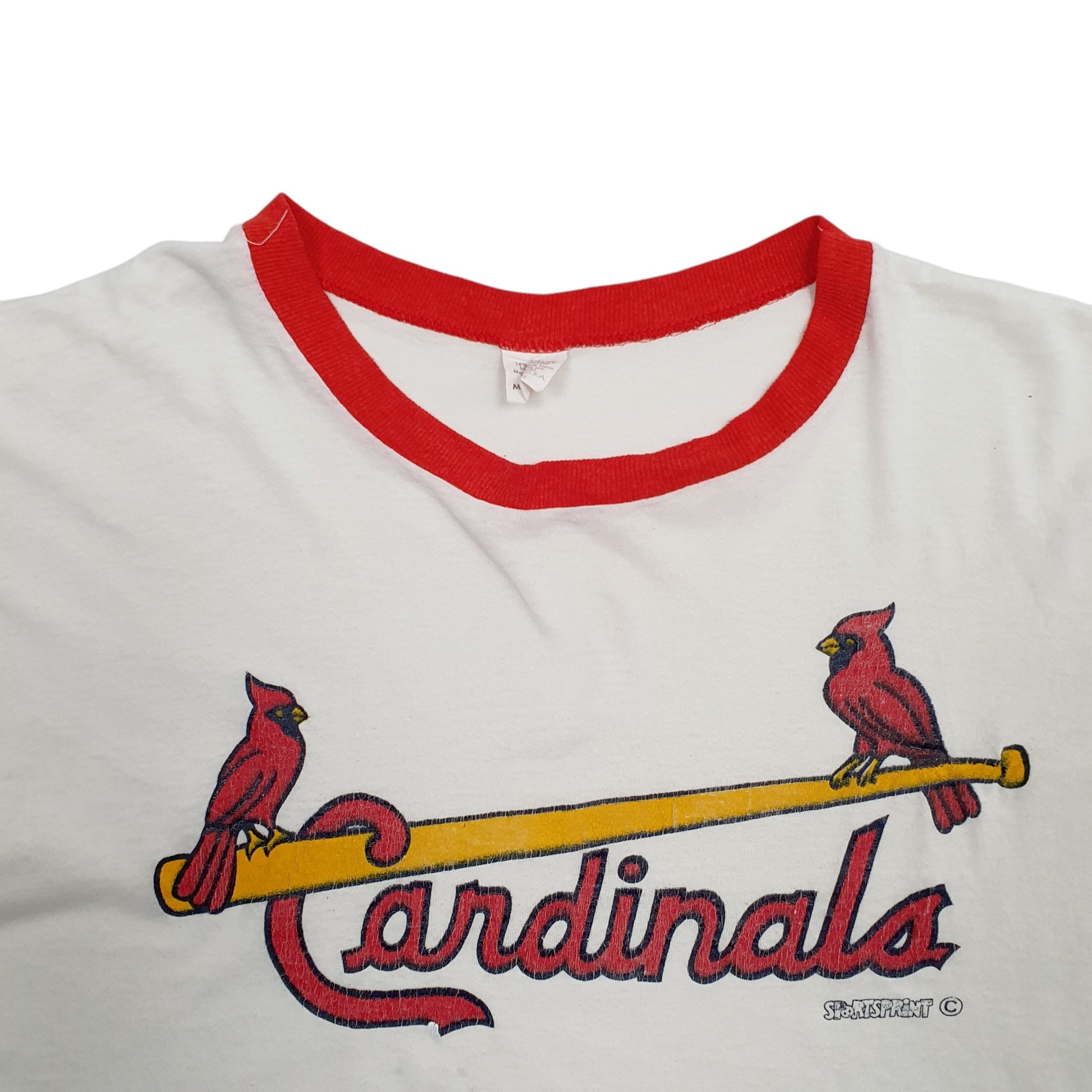 Womens White Sportsprint Single Stitch Vintage 90s Made In USA Cardinals Baseball Short Sleeve T Shirt
