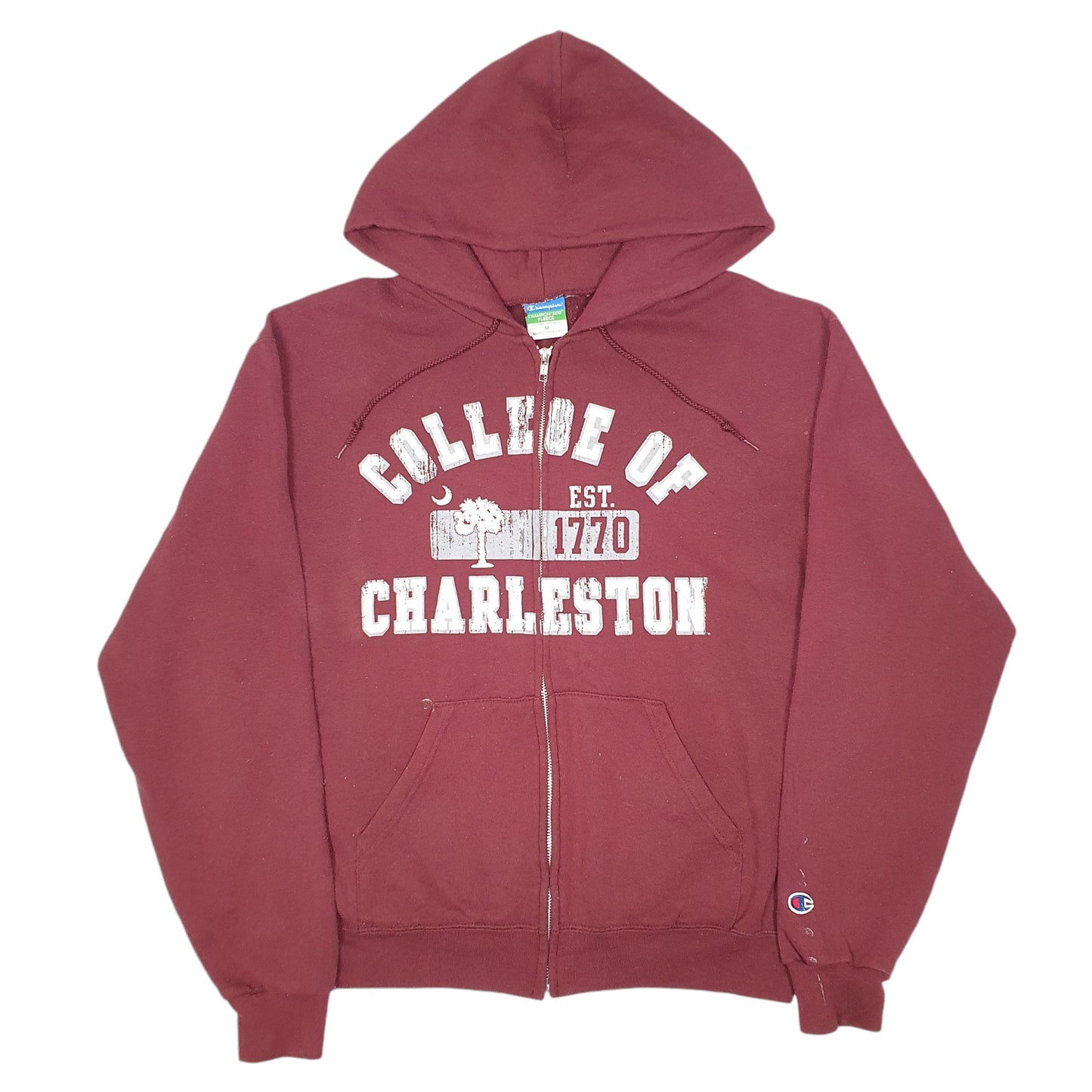 Mens Burgundy Champion Hoodie College Of Charleston USA Spellout Full Zip Jumper