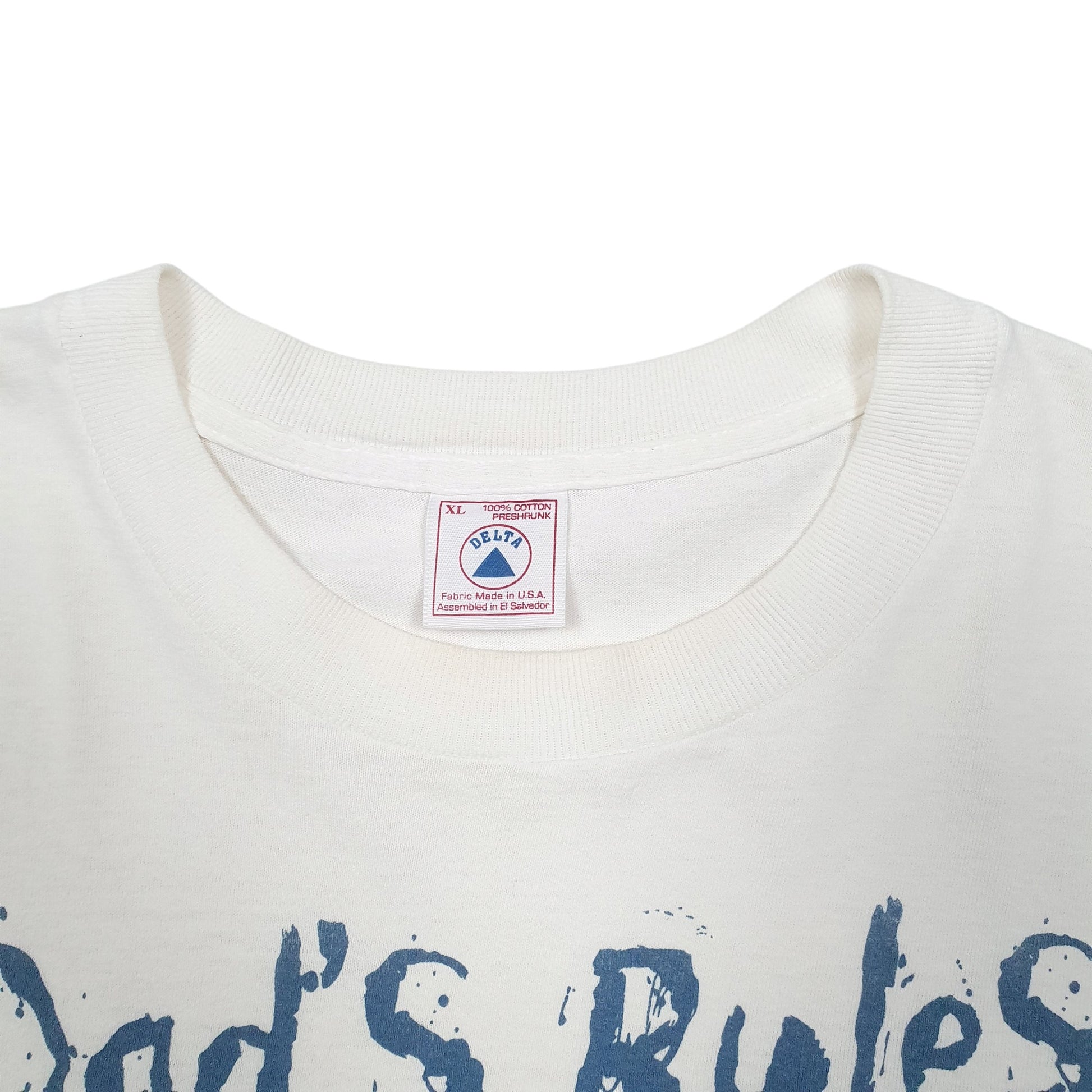 Mens White Delta Single Stitch Vintage 90s Made In USA Dads Rules Short Sleeve T Shirt