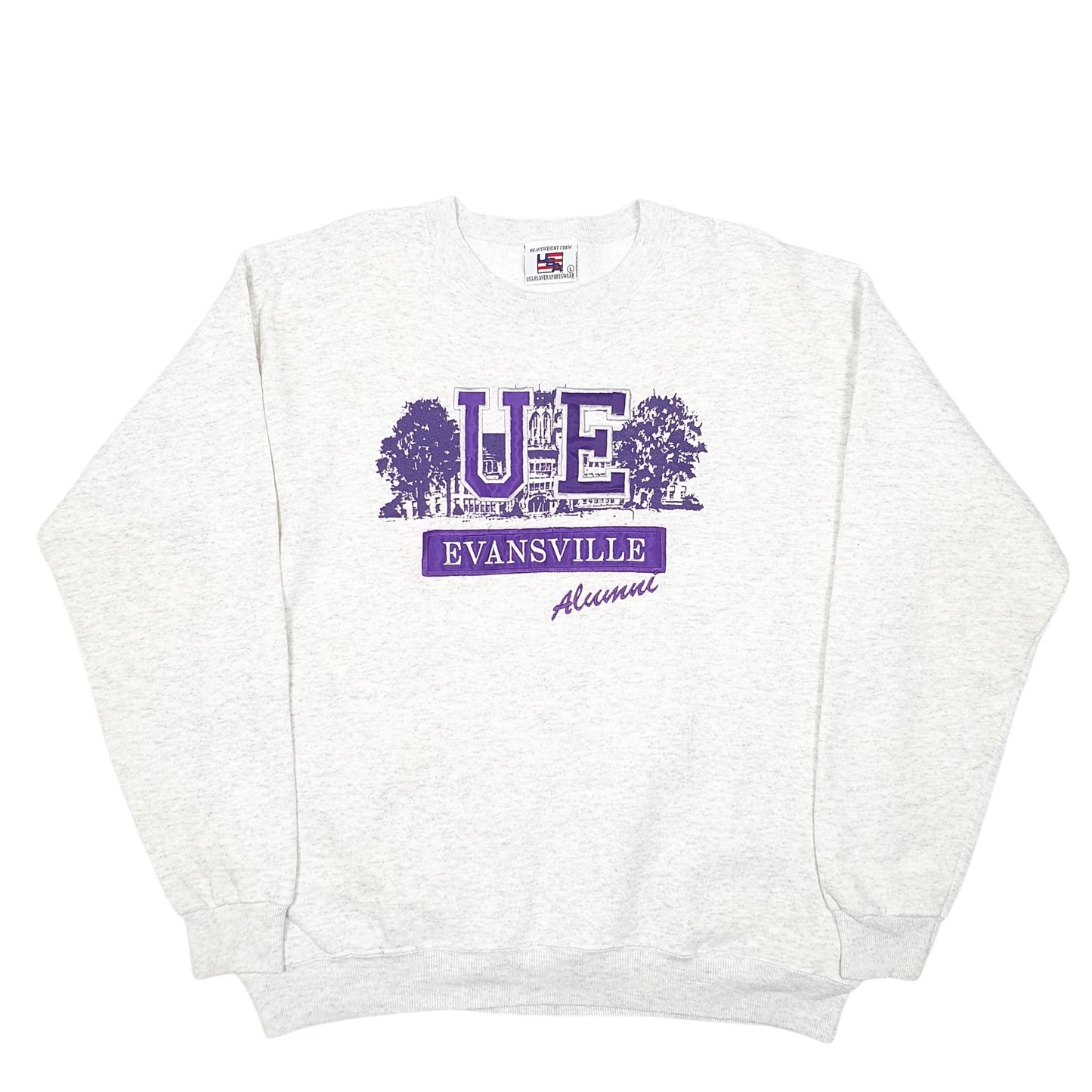 Mens Grey Heavyweight Crew USA Evansville University Alumni USA Vintage Spellout Crewneck Jumper