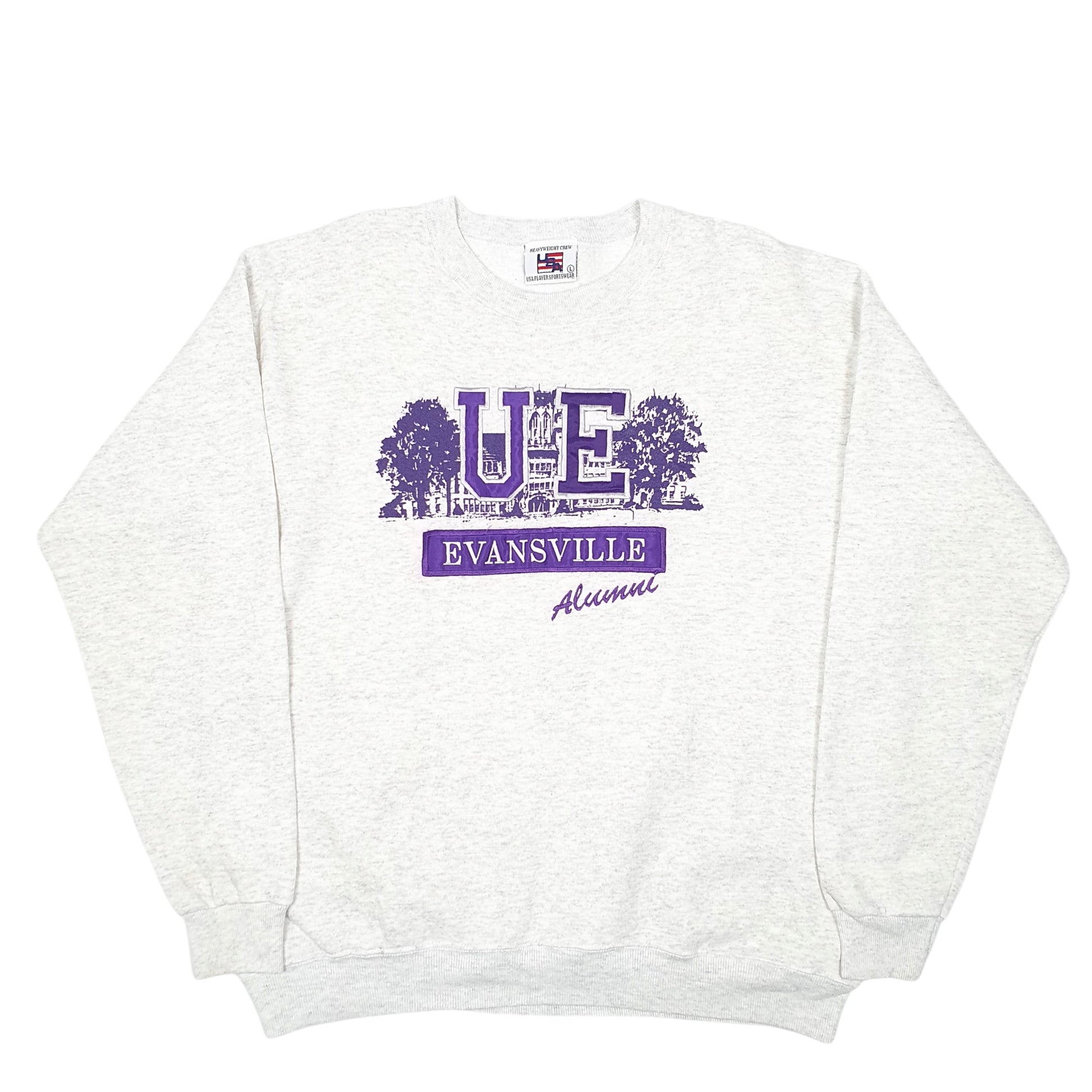 Mens Grey Heavyweight Crew USA Evansville University Alumni USA Vintage Spellout Crewneck Jumper