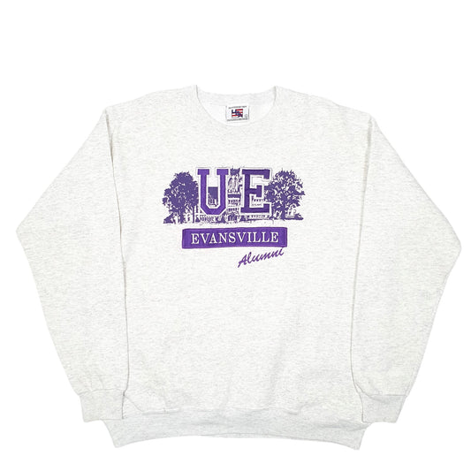 Mens Grey Heavyweight Crew USA Evansville University Alumni USA Vintage Spellout Crewneck Jumper