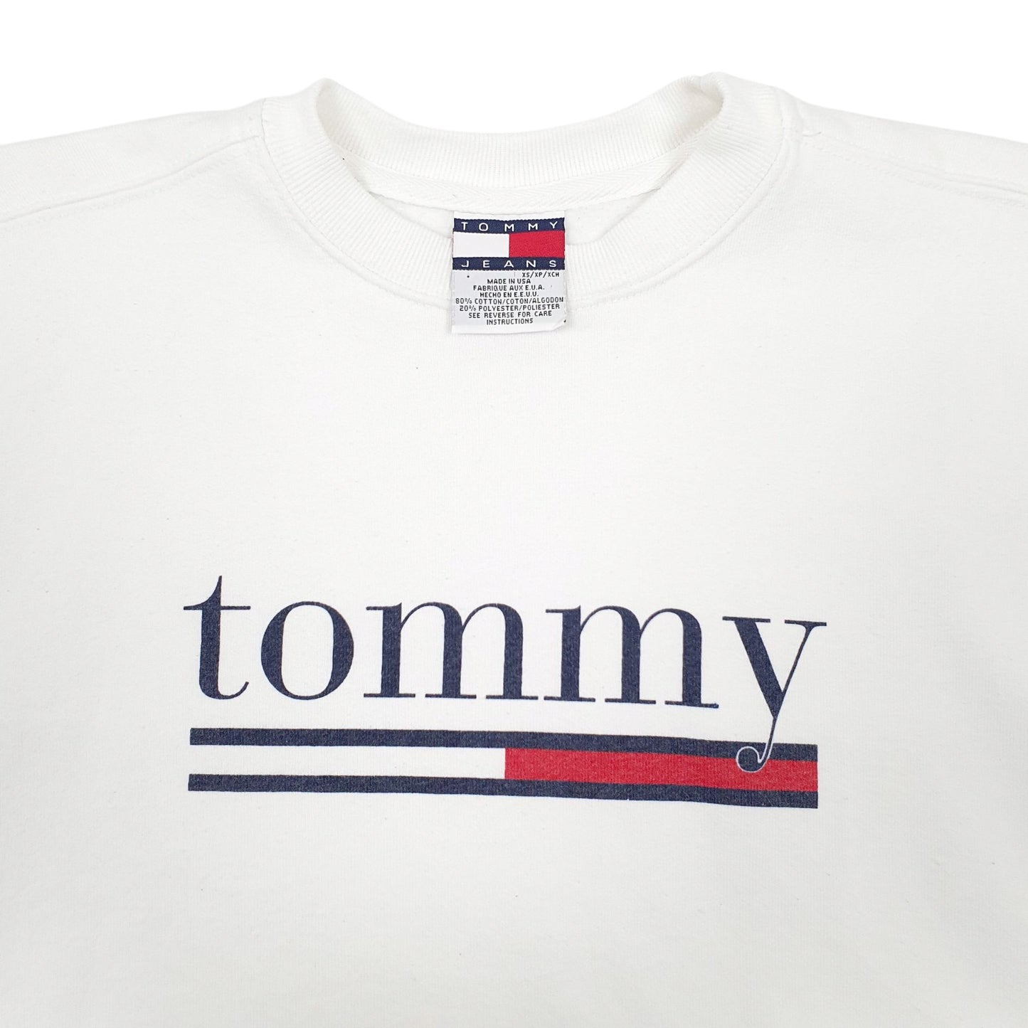 Mens White Tommy Hilfiger Vintage 90s Made In USA Spellout Crewneck Jumper