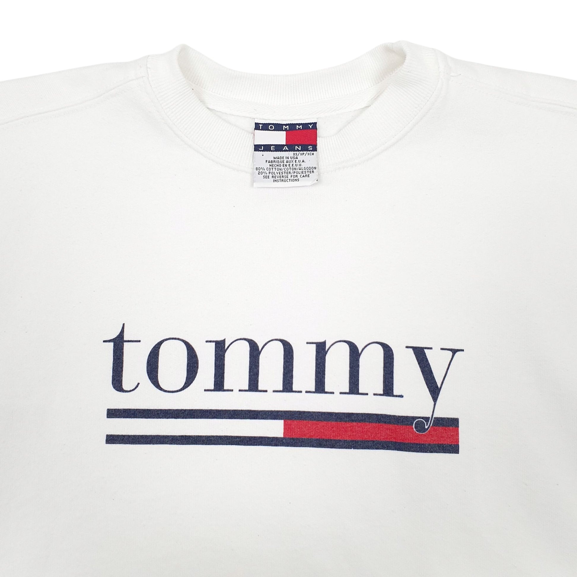 Mens White Tommy Hilfiger Vintage 90s Made In USA Spellout Crewneck Jumper