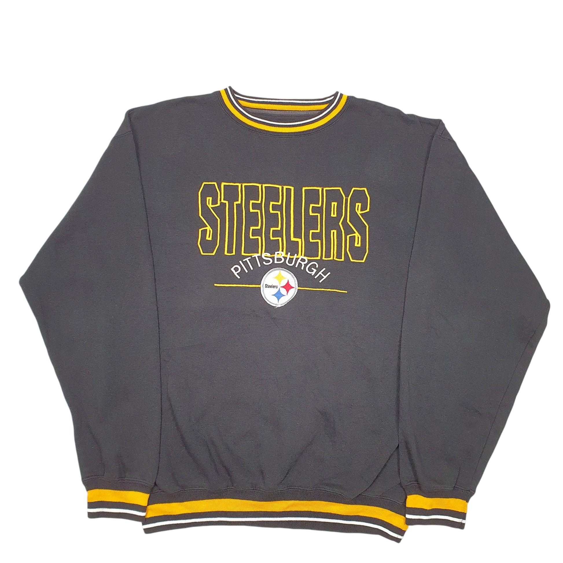 Mens Black Logo 7 Vintage NFL Pittsburgh Steelers Football USA Spellout Crewneck Jumper