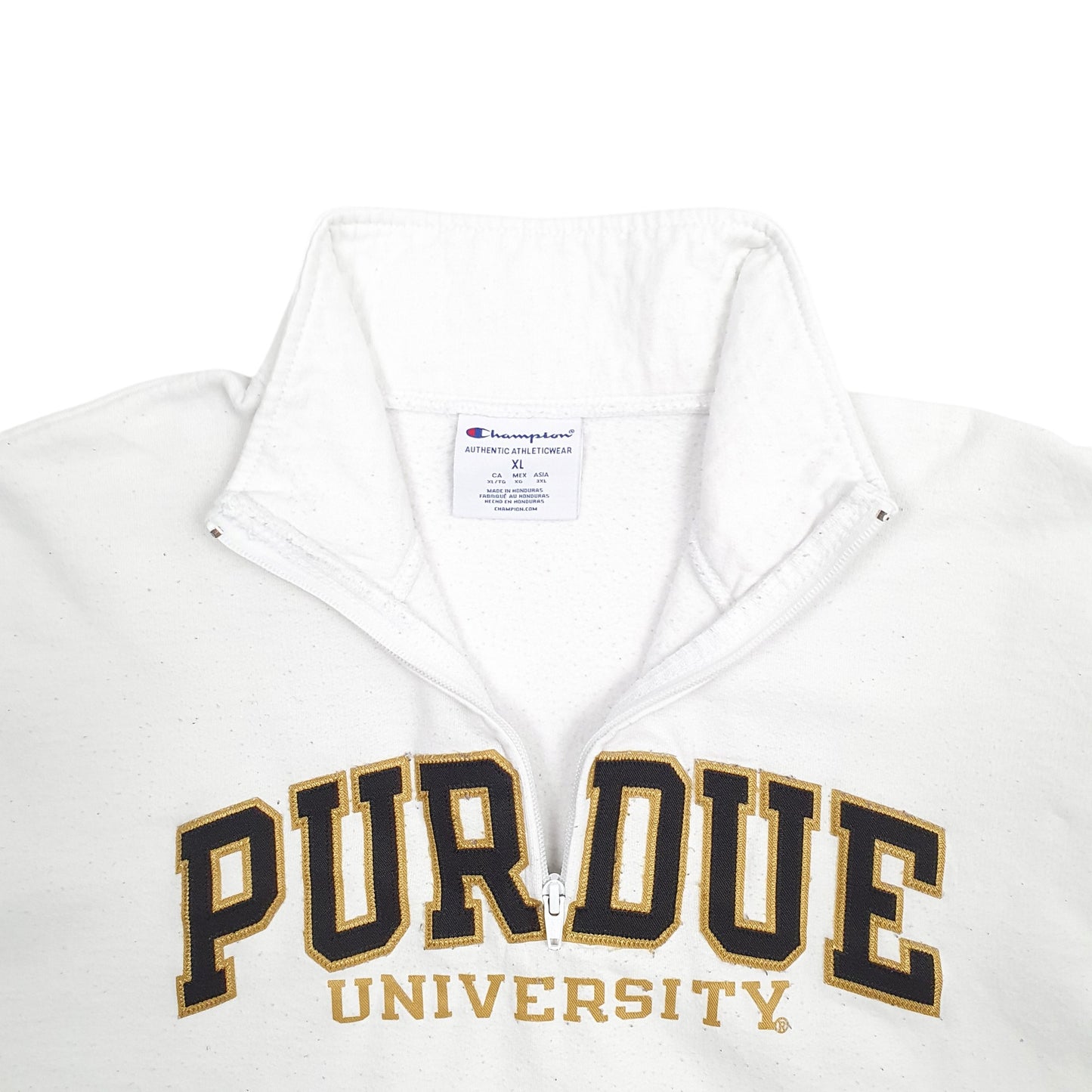 Mens White Champion Purdue University Spellout Quarter Zip Jumper