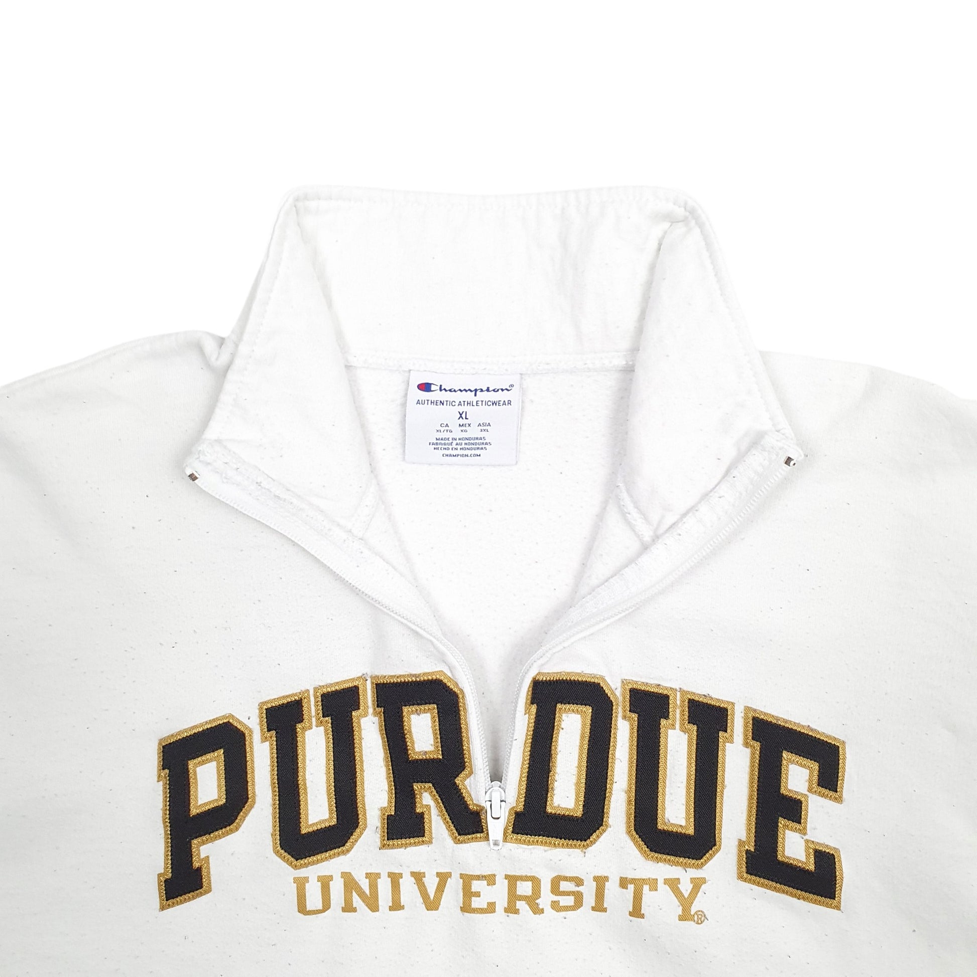 Mens White Champion Purdue University Spellout Quarter Zip Jumper