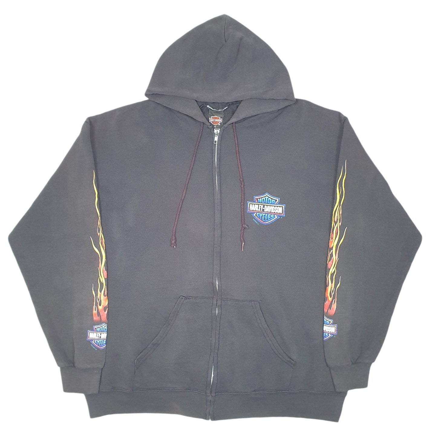 Mens Black Harley Davidson Vintage Hoodie 2000 Y2K Motorcycles Cleveland Made In USA Flames Full Zip Jumper