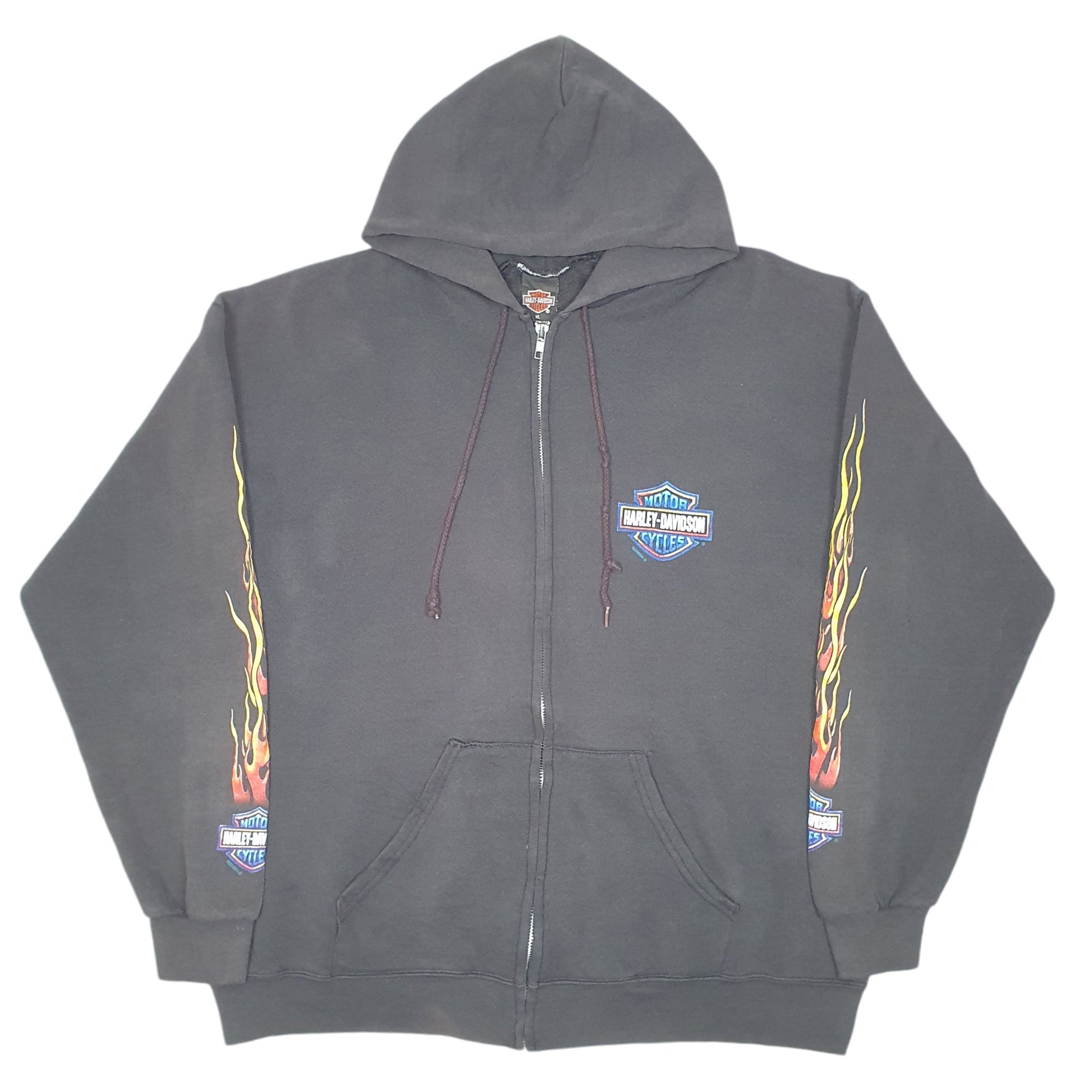 Mens Black Harley Davidson Vintage Hoodie 2000 Y2K Motorcycles Cleveland Made In USA Flames Full Zip Jumper