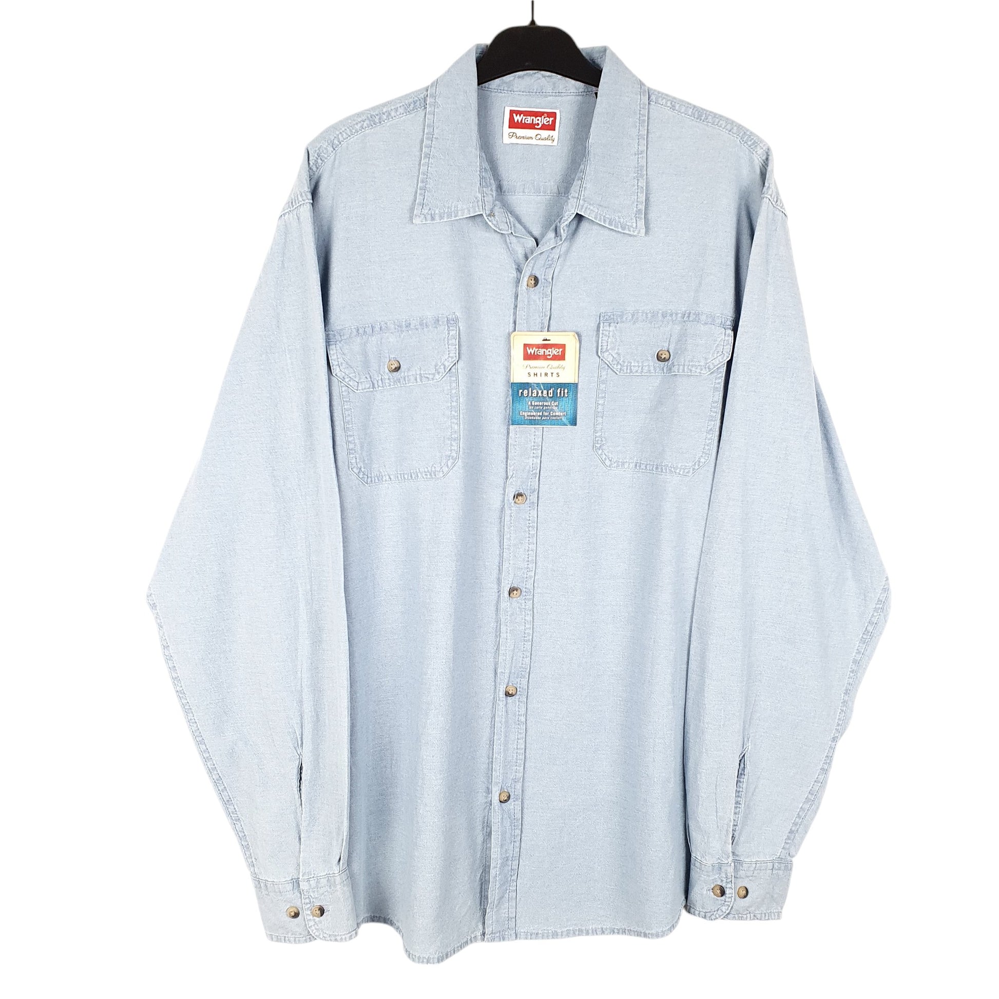 Mens Blue Wrangler Denim Jeans Chambray Work Long Sleeve Shirt