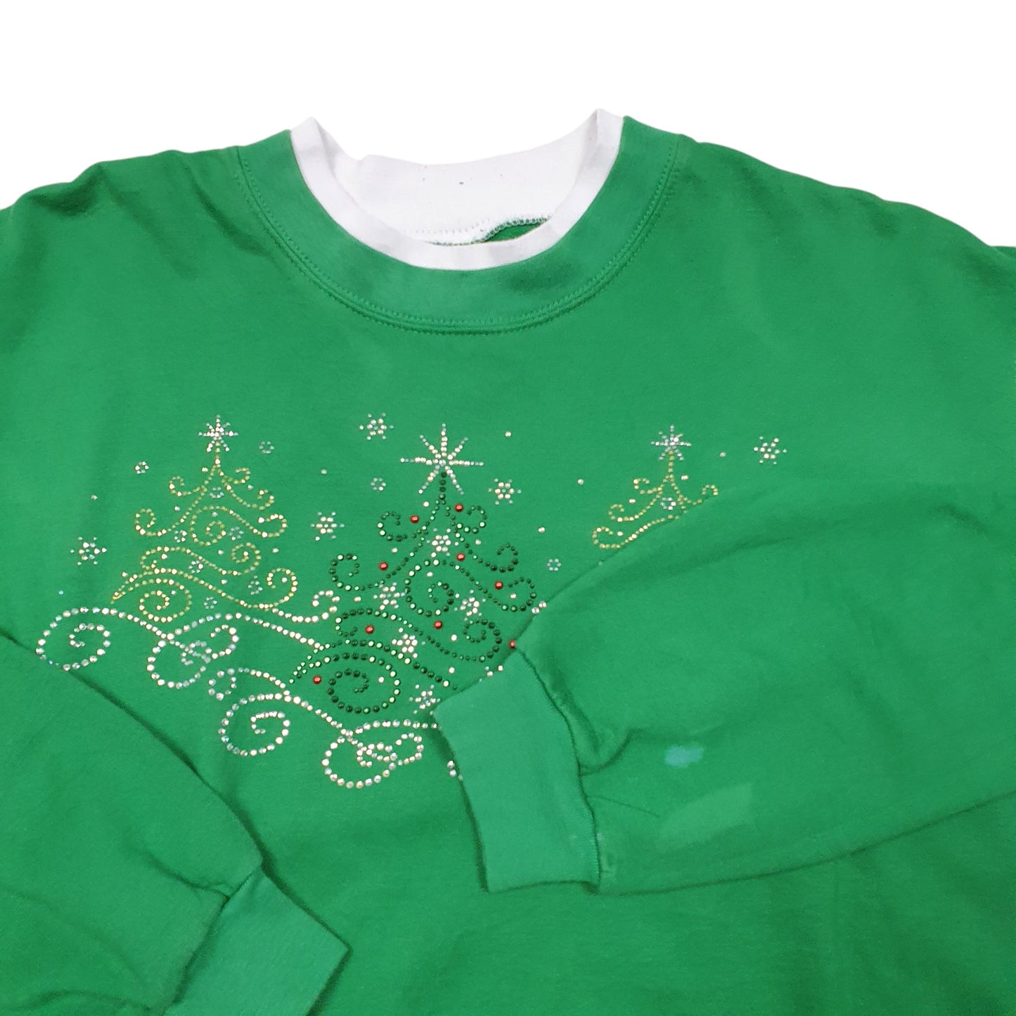 Womens Green Decorated Originals Christmas Trees Festive Rhinestone Sparkle Crewneck Jumper