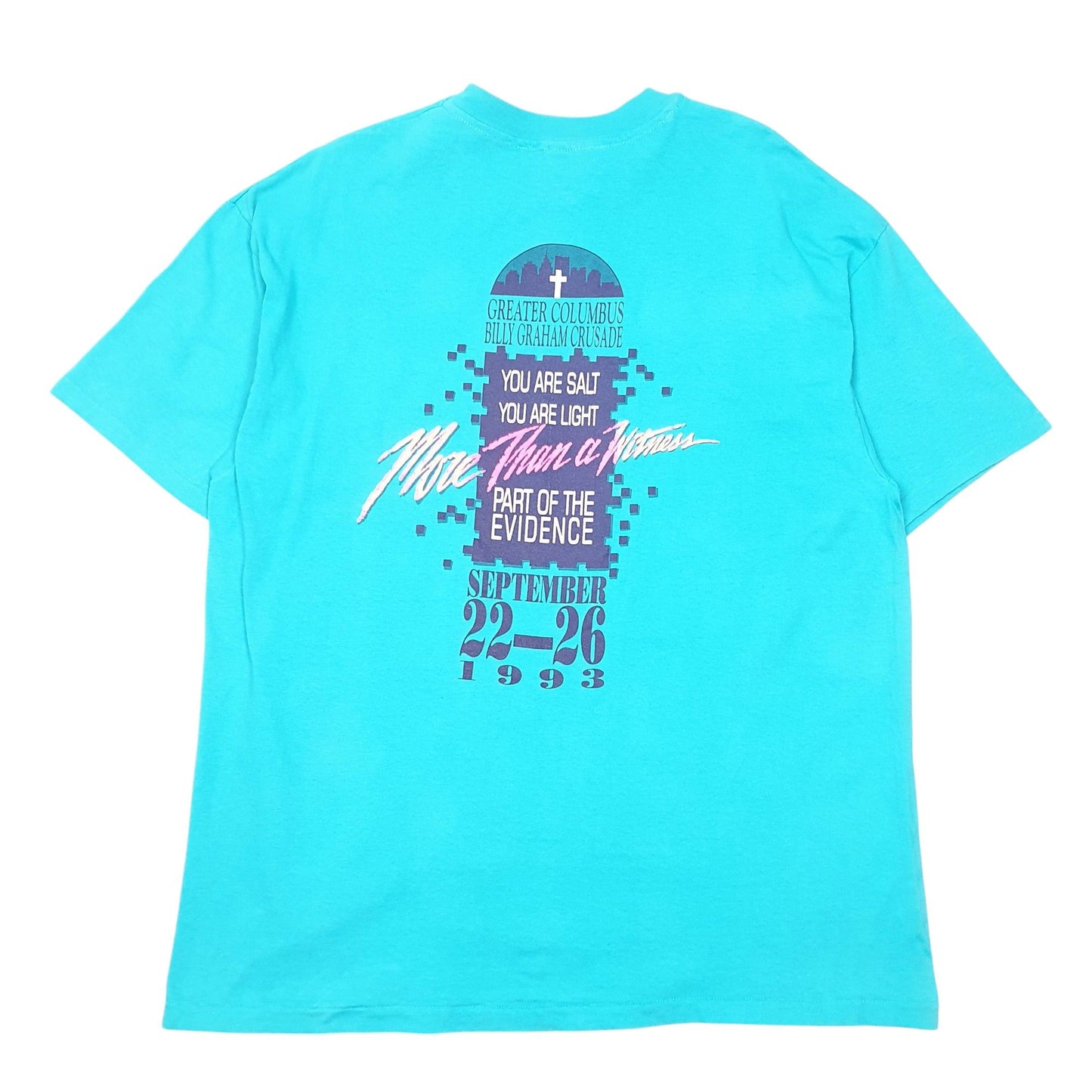 Mens Turquoise Hanes Single Stitch Vintage 90s Beefy Made In USA Christian Short Sleeve T Shirt