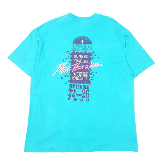 Mens Turquoise Hanes Single Stitch Vintage 90s Beefy Made In USA Christian Short Sleeve T Shirt