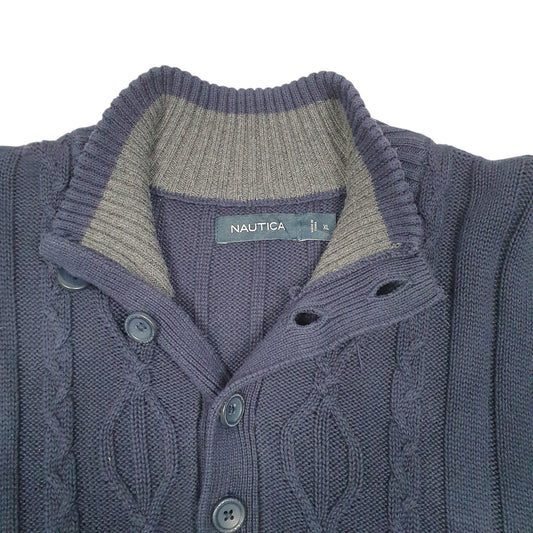 Mens Navy Nautica Knit Button Cable Quarter Zip Jumper