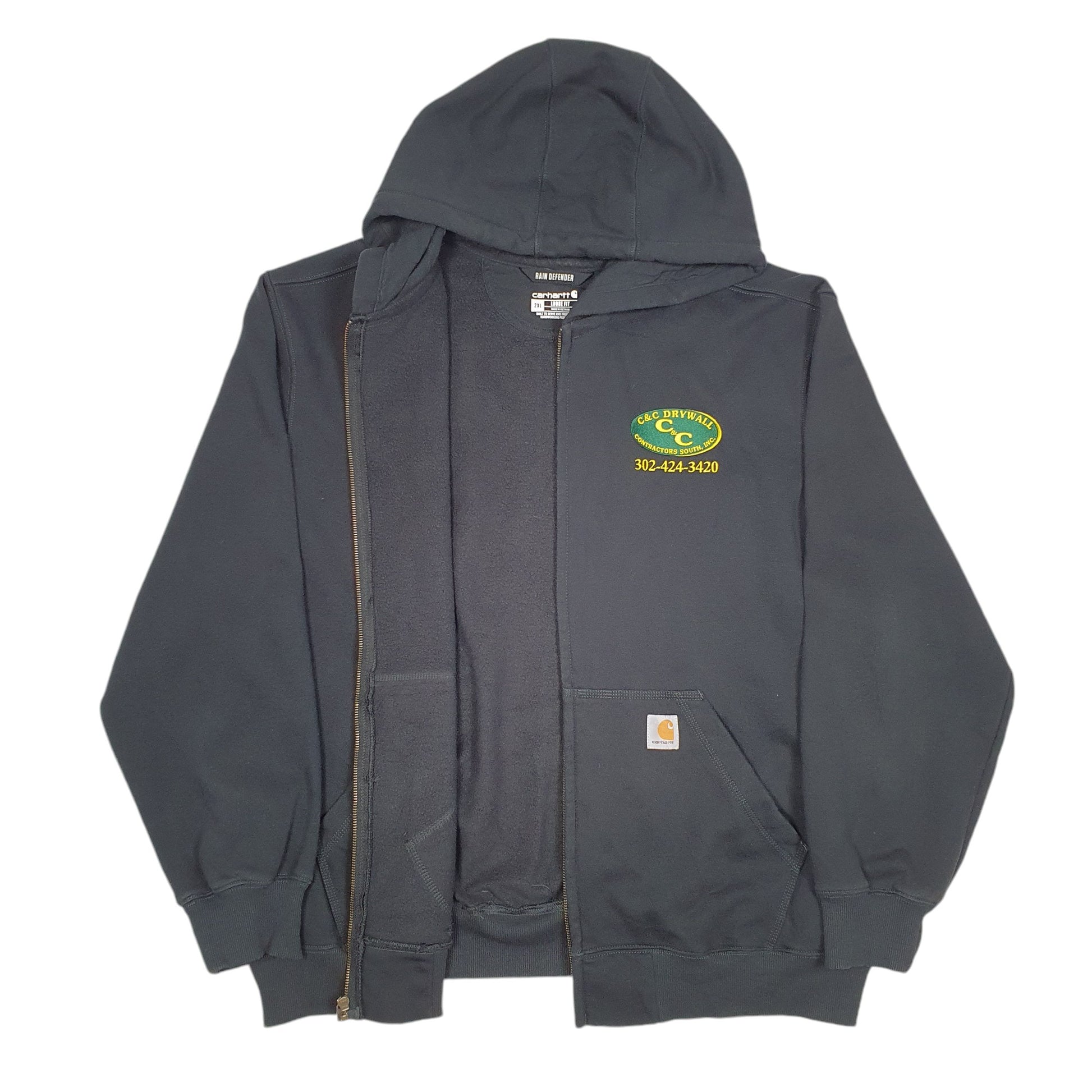 Carhartt Workwear Hoodie C&C Drywall Contractors USA Full Zip Cotton Sweatshirt Jumper XXL